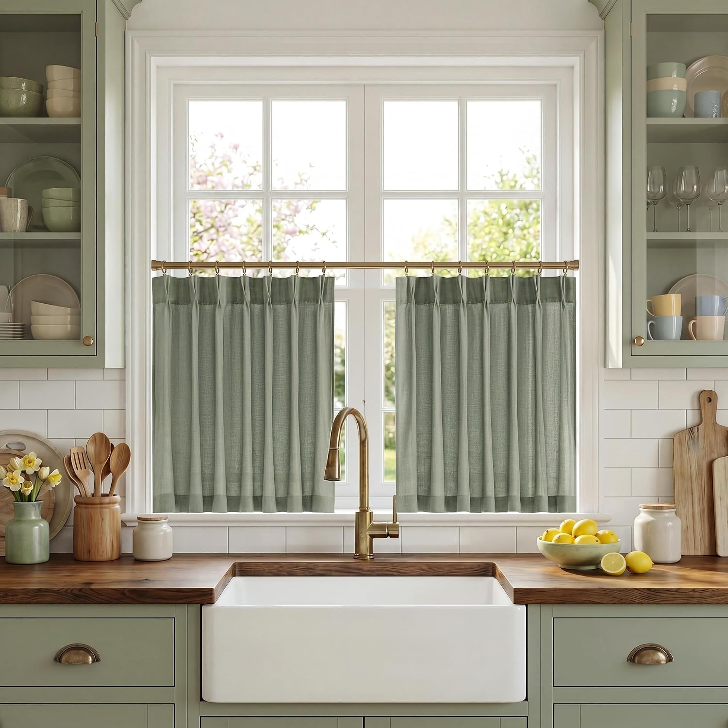 image:imageNICETOWN Natural Pinch Pleated Linen Kitchen Window CurtainsSage Green