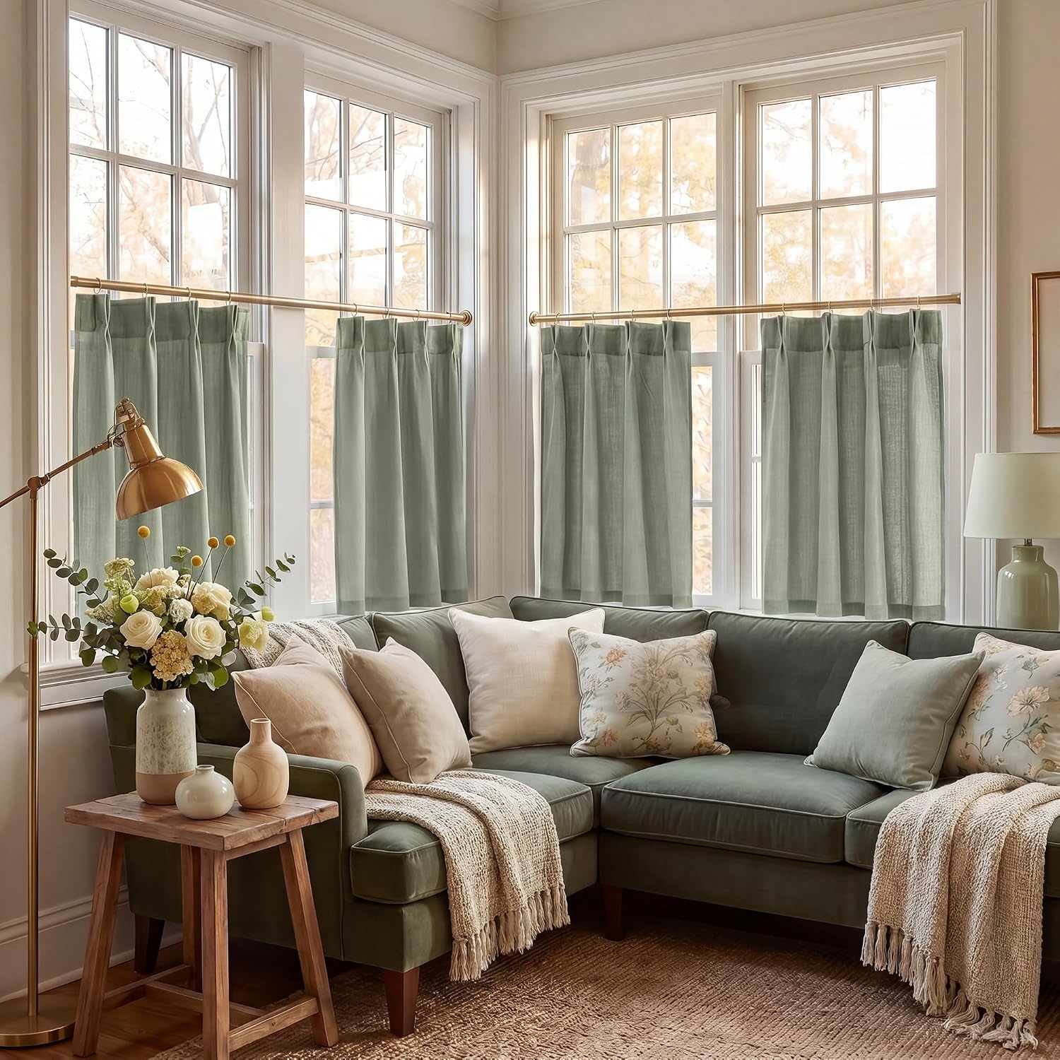 image:imageNICETOWN Natural Pinch Pleated Linen Kitchen Window CurtainsSage Green