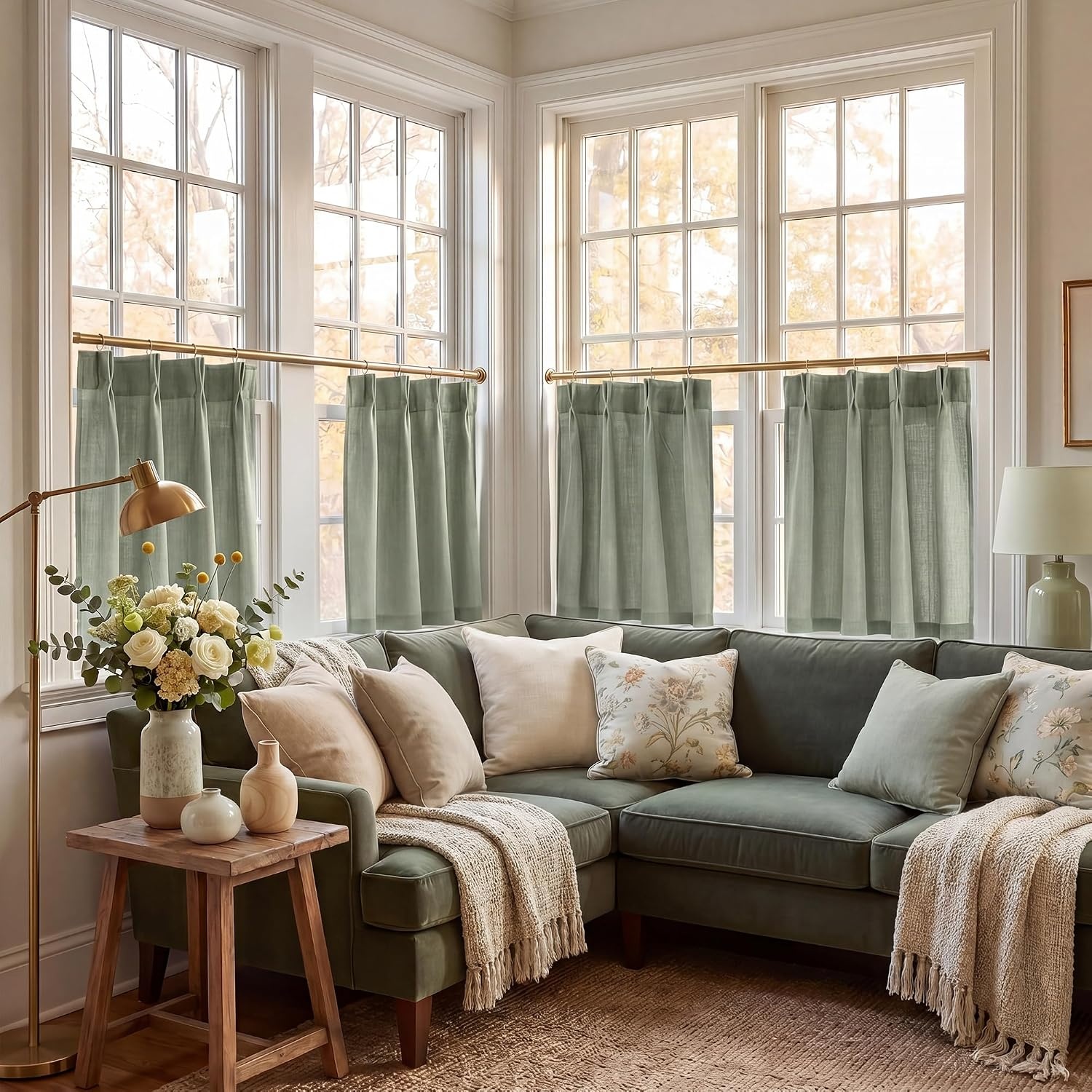 image:imageNICETOWN Natural Pinch Pleated Linen Kitchen Window CurtainsSage Green
