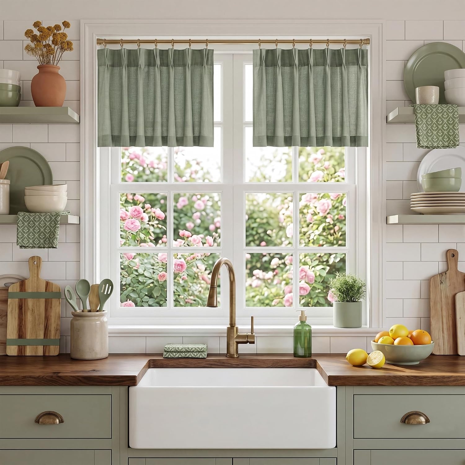 image:imageNICETOWN Natural Pinch Pleated Linen Kitchen Window CurtainsSage Green