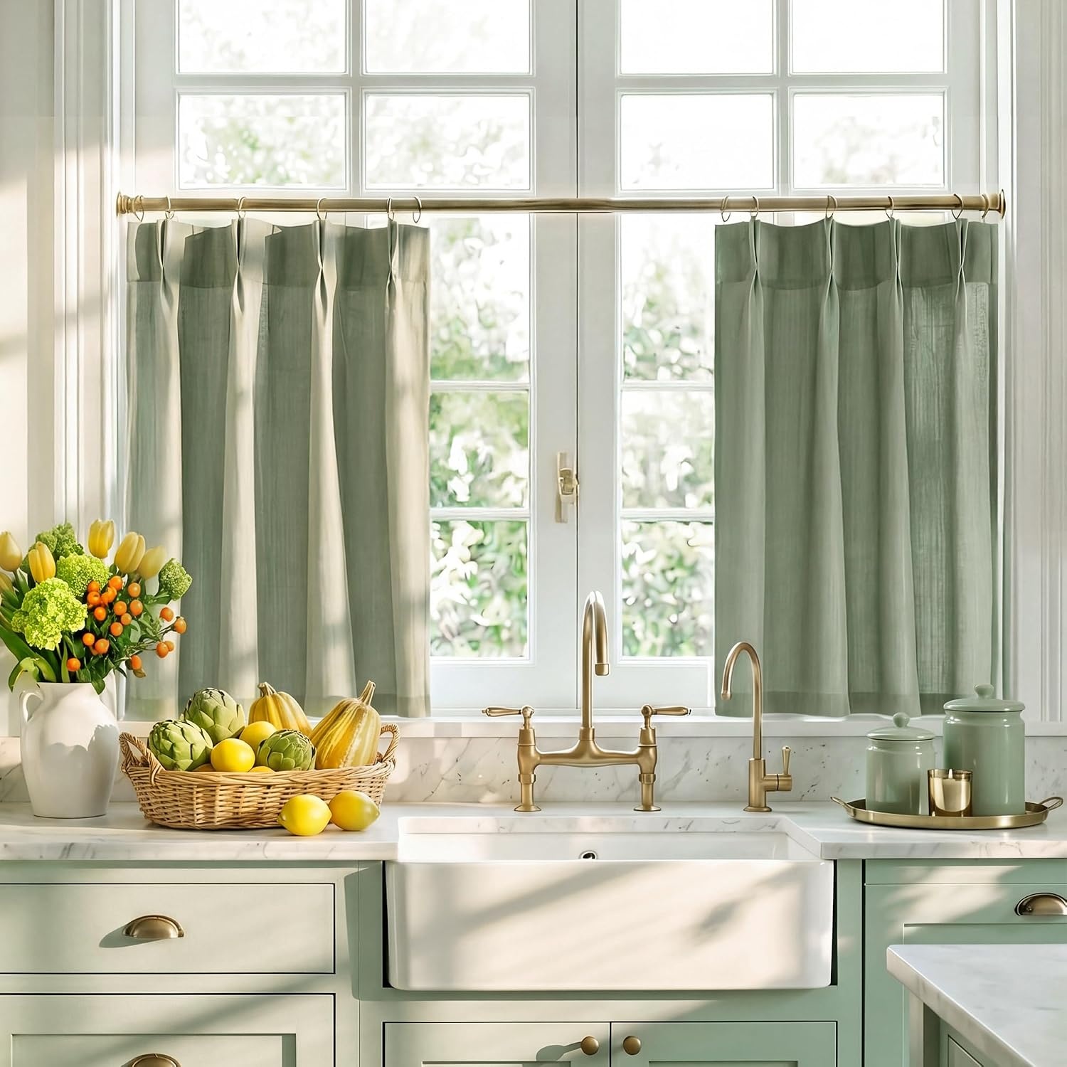 image:imageNICETOWN Natural Pinch Pleated Linen Kitchen Window CurtainsSage Green
