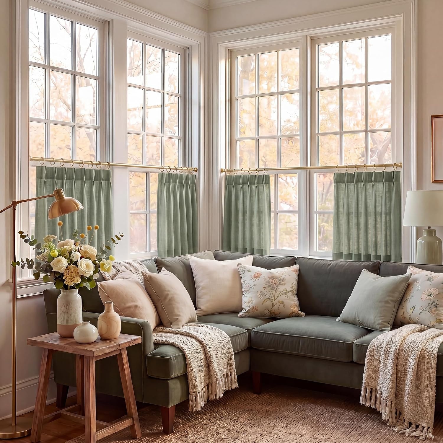image:imageNICETOWN Natural Pinch Pleated Linen Kitchen Window CurtainsSage Green