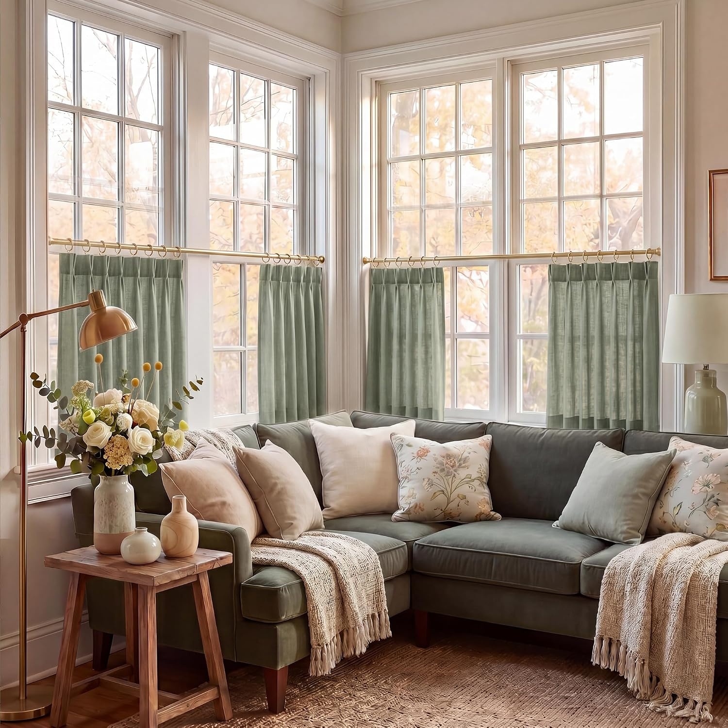 image:imageNICETOWN Natural Pinch Pleated Linen Kitchen Window CurtainsSage Green