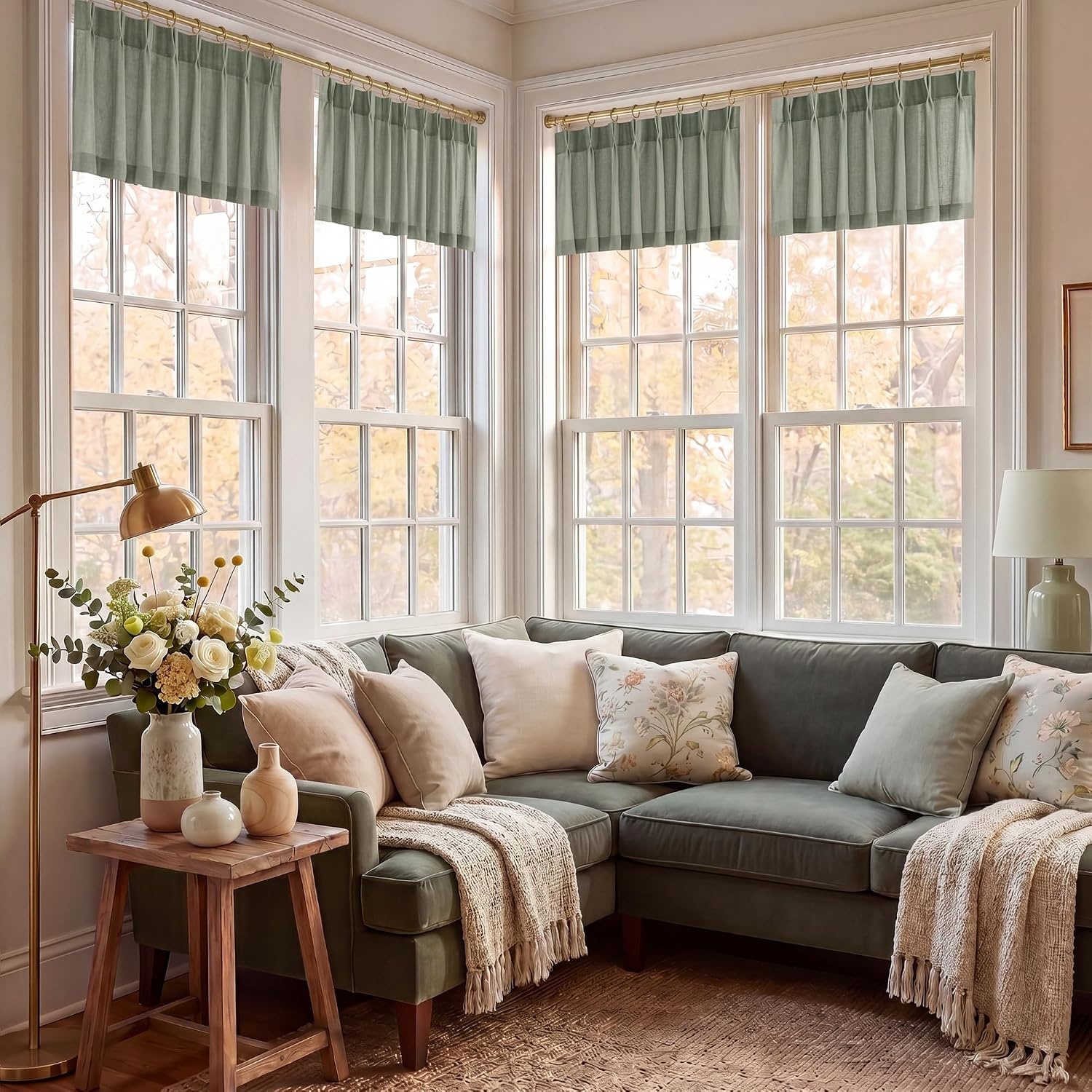 image:imageNICETOWN Natural Pinch Pleated Linen Kitchen Window CurtainsSage Green