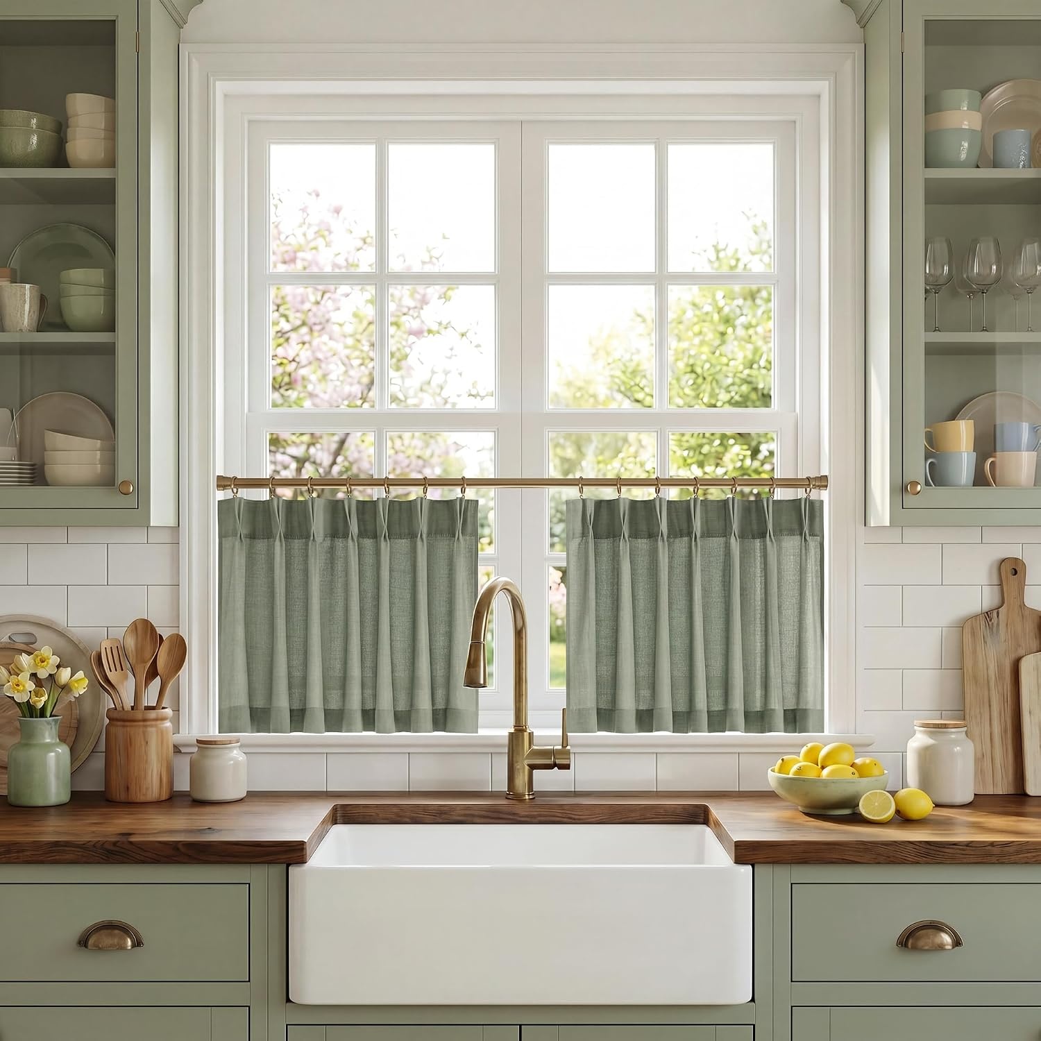 image:imageNICETOWN Natural Pinch Pleated Linen Kitchen Window CurtainsSage Green