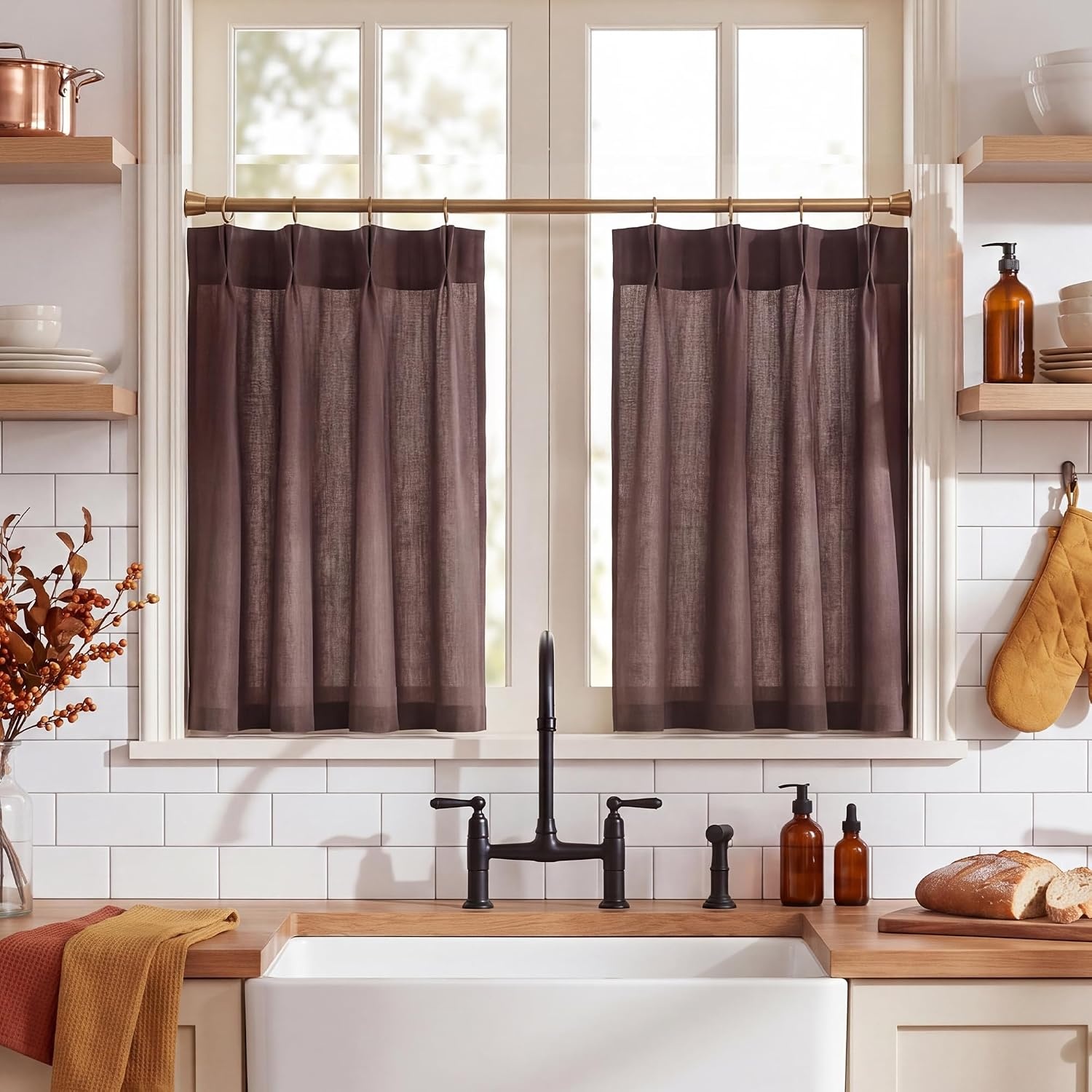 image:imageNICETOWN Natural Pinch Pleated Linen Kitchen Window CurtainsTaupe