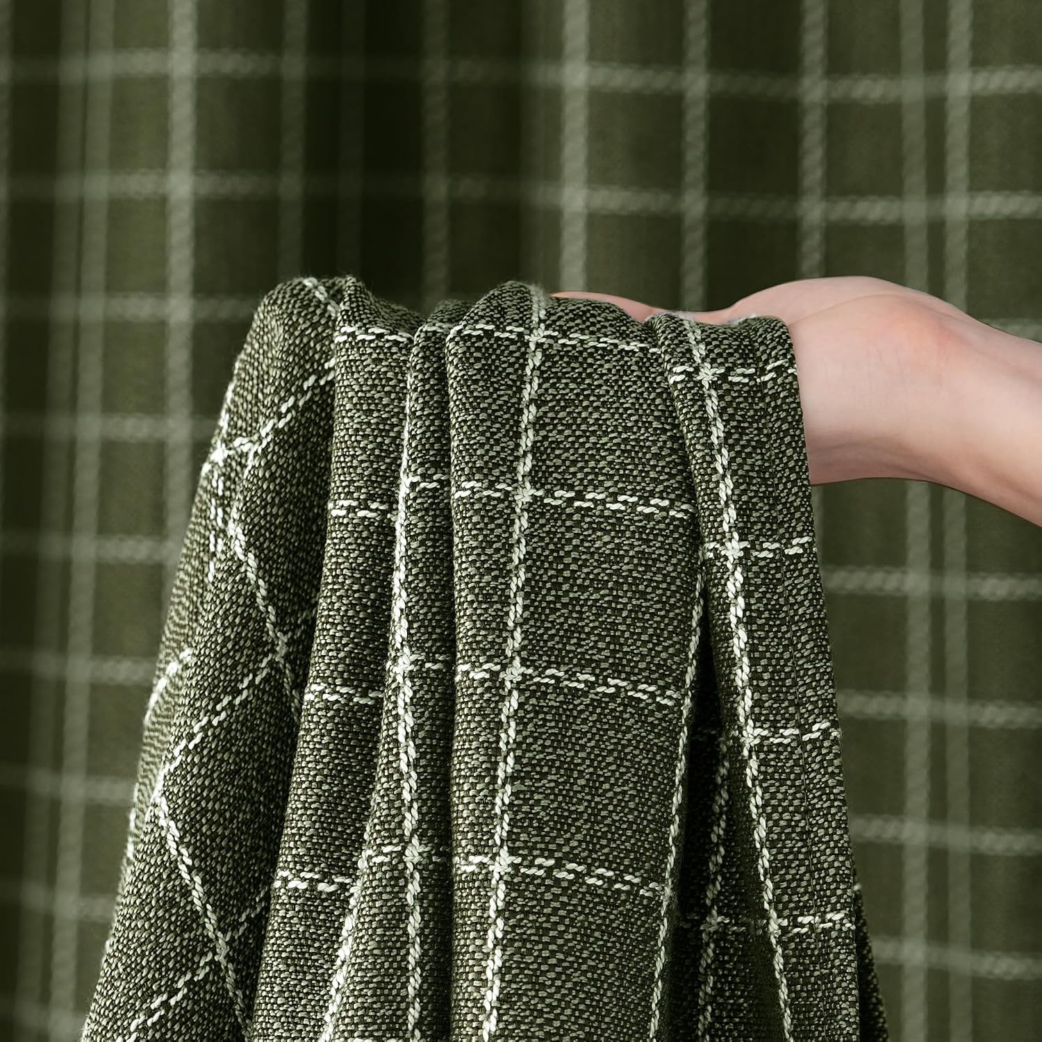 image:imageNICETOWN Olive Green Linen Plaid Bedroom Curtains Rod Pocket amp Back Tab Geometric Jacquard Thick Wovern Mudcloth Light Filtering Window Treatments for Home Decor W52 x L84 2 PanelsOlive Green