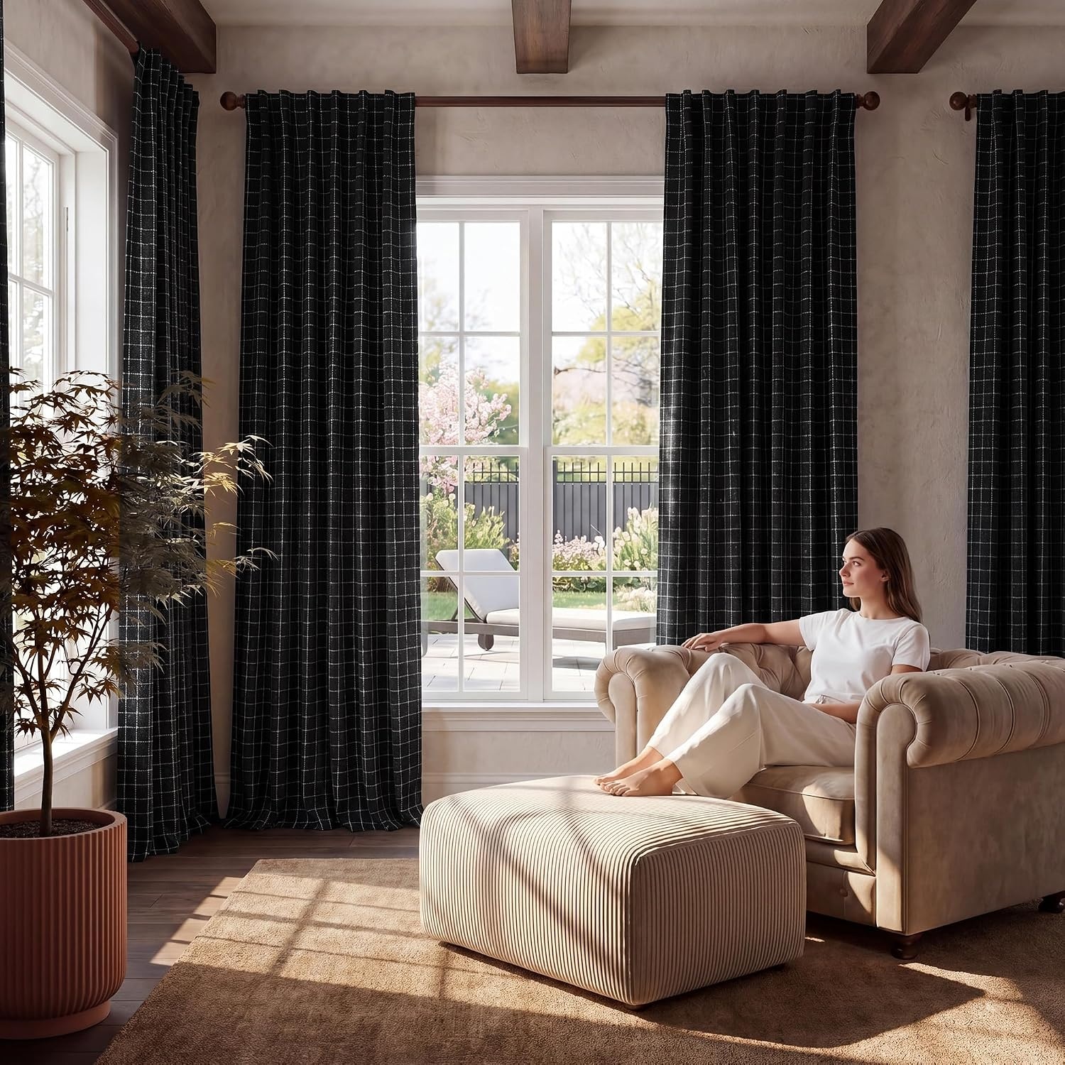 image:imageNICETOWN Olive Green Linen Plaid Bedroom Curtains Rod Pocket amp Back Tab Geometric Jacquard Thick Wovern Mudcloth Light Filtering Window Treatments for Home Decor W52 x L84 2 PanelsBlack