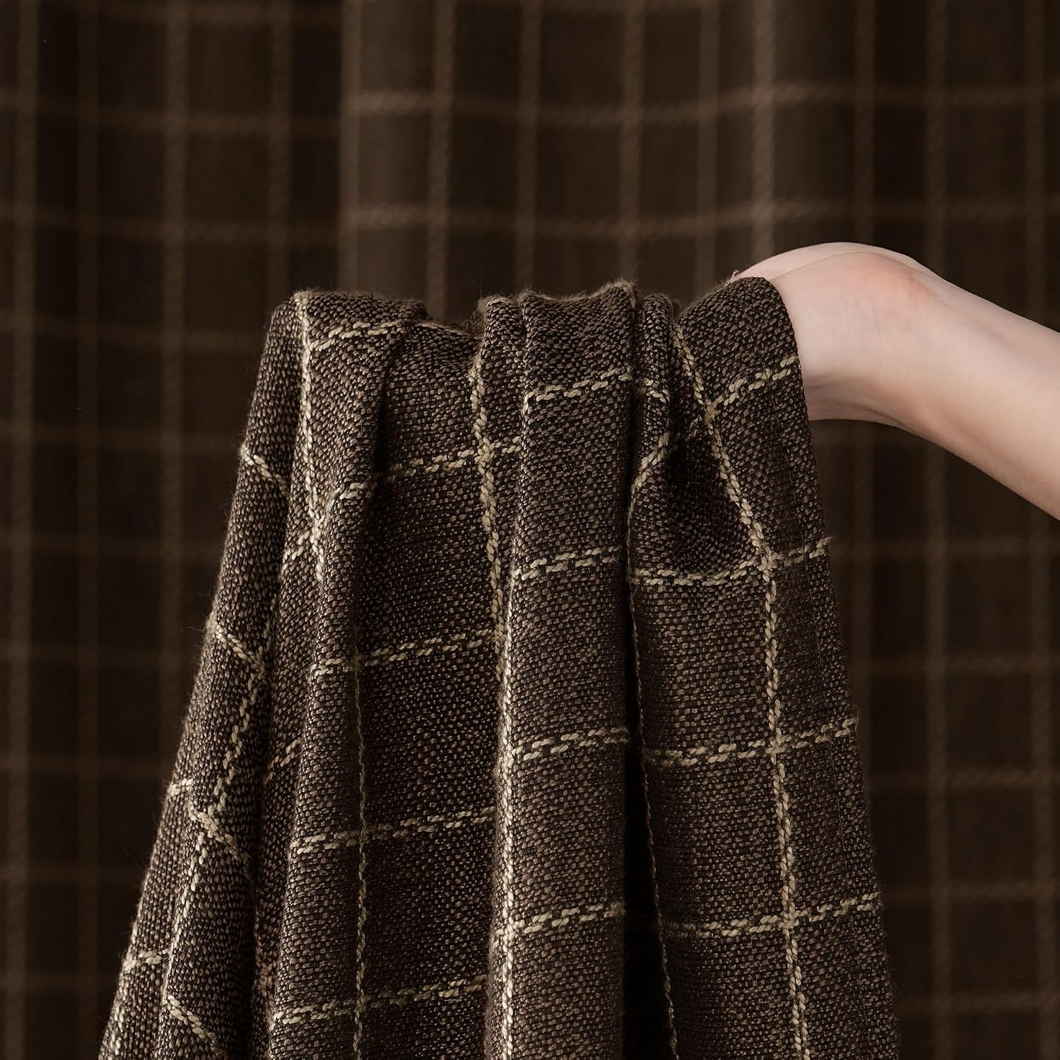 image:imageNICETOWN Olive Green Linen Plaid Bedroom Curtains Rod Pocket amp Back Tab Geometric Jacquard Thick Wovern Mudcloth Light Filtering Window Treatments for Home Decor W52 x L84 2 PanelsBrown