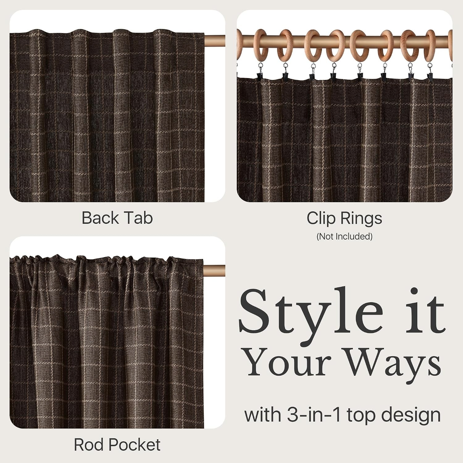 image:imageNICETOWN Olive Green Linen Plaid Bedroom Curtains Rod Pocket amp Back Tab Geometric Jacquard Thick Wovern Mudcloth Light Filtering Window Treatments for Home Decor W52 x L84 2 PanelsBrown