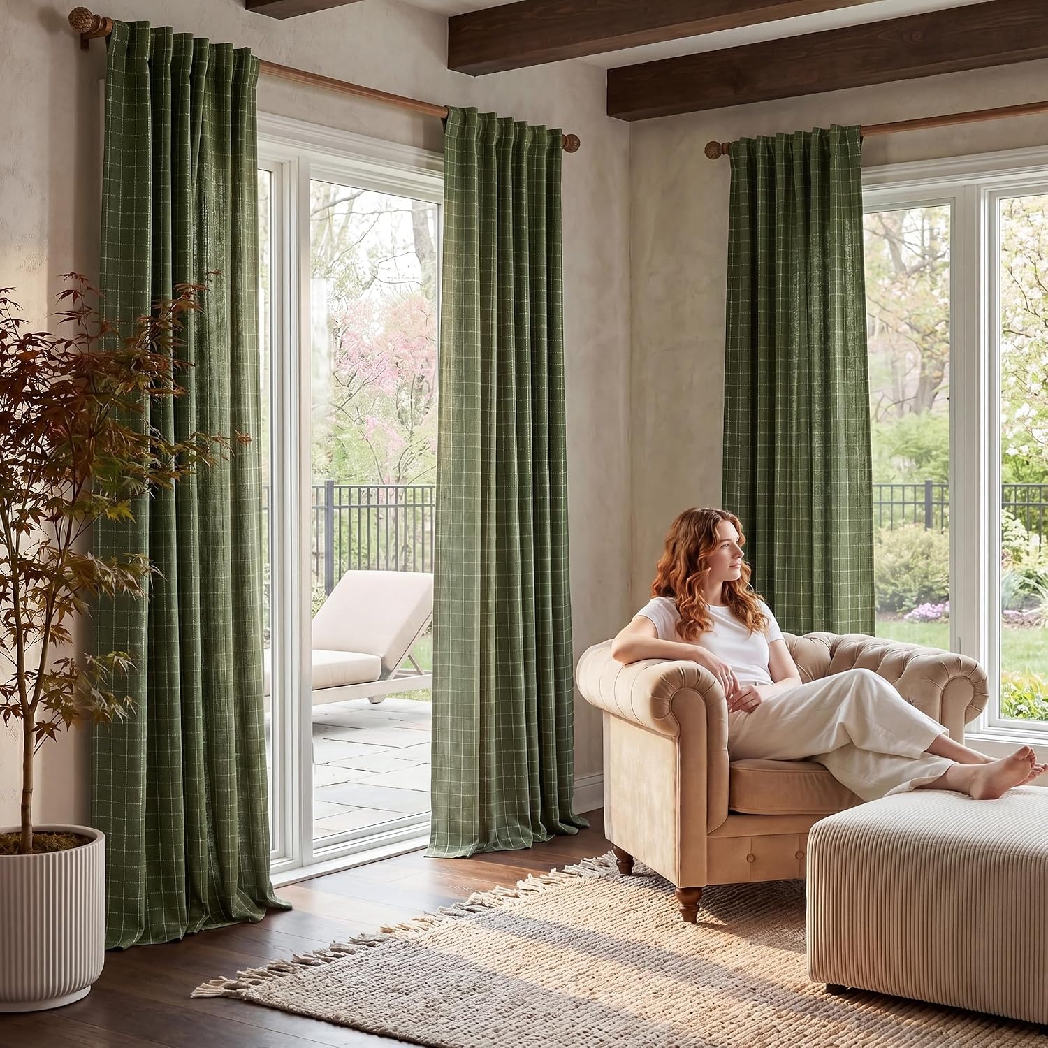 image:imageNICETOWN Olive Green Linen Plaid Bedroom Curtains Rod Pocket amp Back Tab Geometric Jacquard Thick Wovern Mudcloth Light Filtering Window Treatments for Home Decor W52 x L84 2 PanelsOlive Green