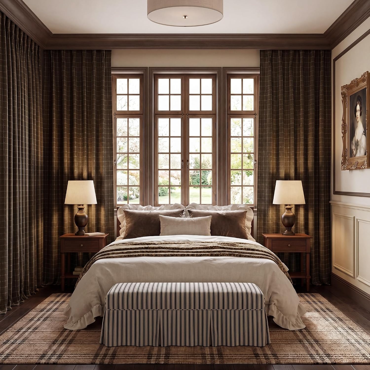 image:imageNICETOWN Olive Green Linen Plaid Bedroom Curtains Rod Pocket amp Back Tab Geometric Jacquard Thick Wovern Mudcloth Light Filtering Window Treatments for Home Decor W52 x L84 2 PanelsBrown