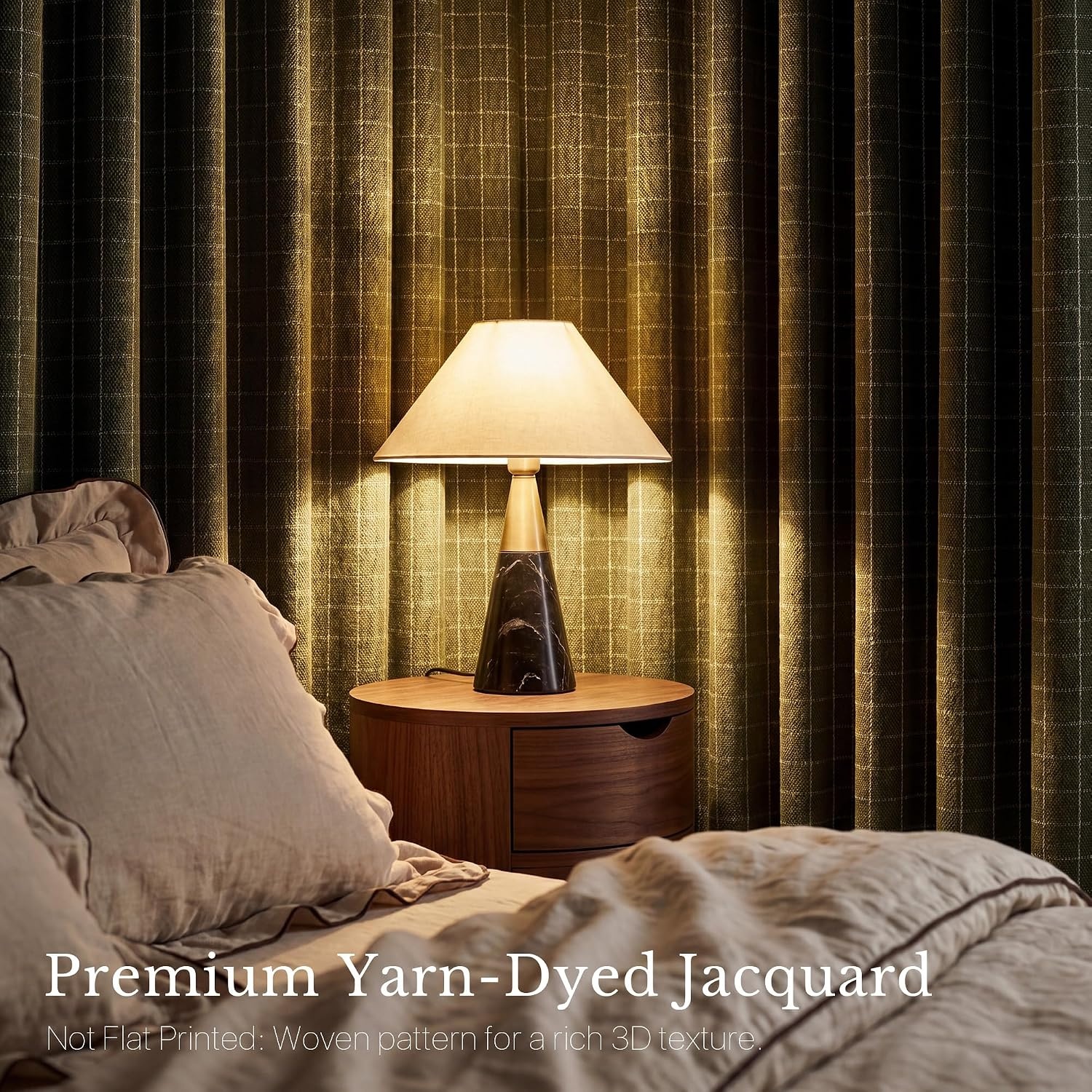 image:imageNICETOWN Olive Green Linen Plaid Bedroom Curtains Rod Pocket amp Back Tab Geometric Jacquard Thick Wovern Mudcloth Light Filtering Window Treatments for Home Decor W52 x L84 2 PanelsOlive Green