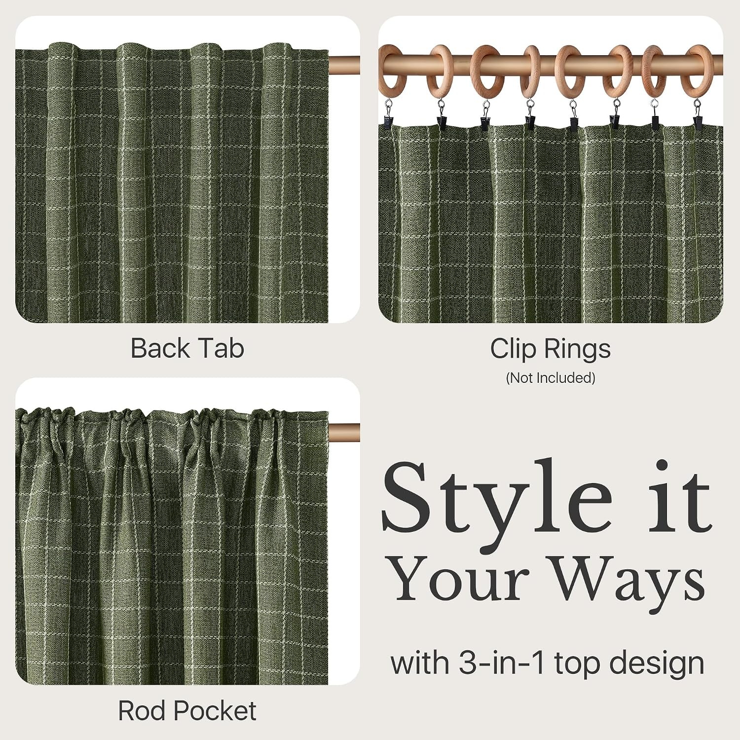 image:imageNICETOWN Olive Green Linen Plaid Bedroom Curtains Rod Pocket amp Back Tab Geometric Jacquard Thick Wovern Mudcloth Light Filtering Window Treatments for Home Decor W52 x L84 2 PanelsOlive Green