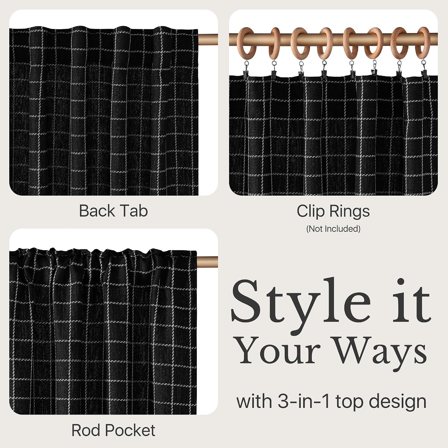 image:imageNICETOWN Olive Green Linen Plaid Bedroom Curtains Rod Pocket amp Back Tab Geometric Jacquard Thick Wovern Mudcloth Light Filtering Window Treatments for Home Decor W52 x L84 2 PanelsBlack