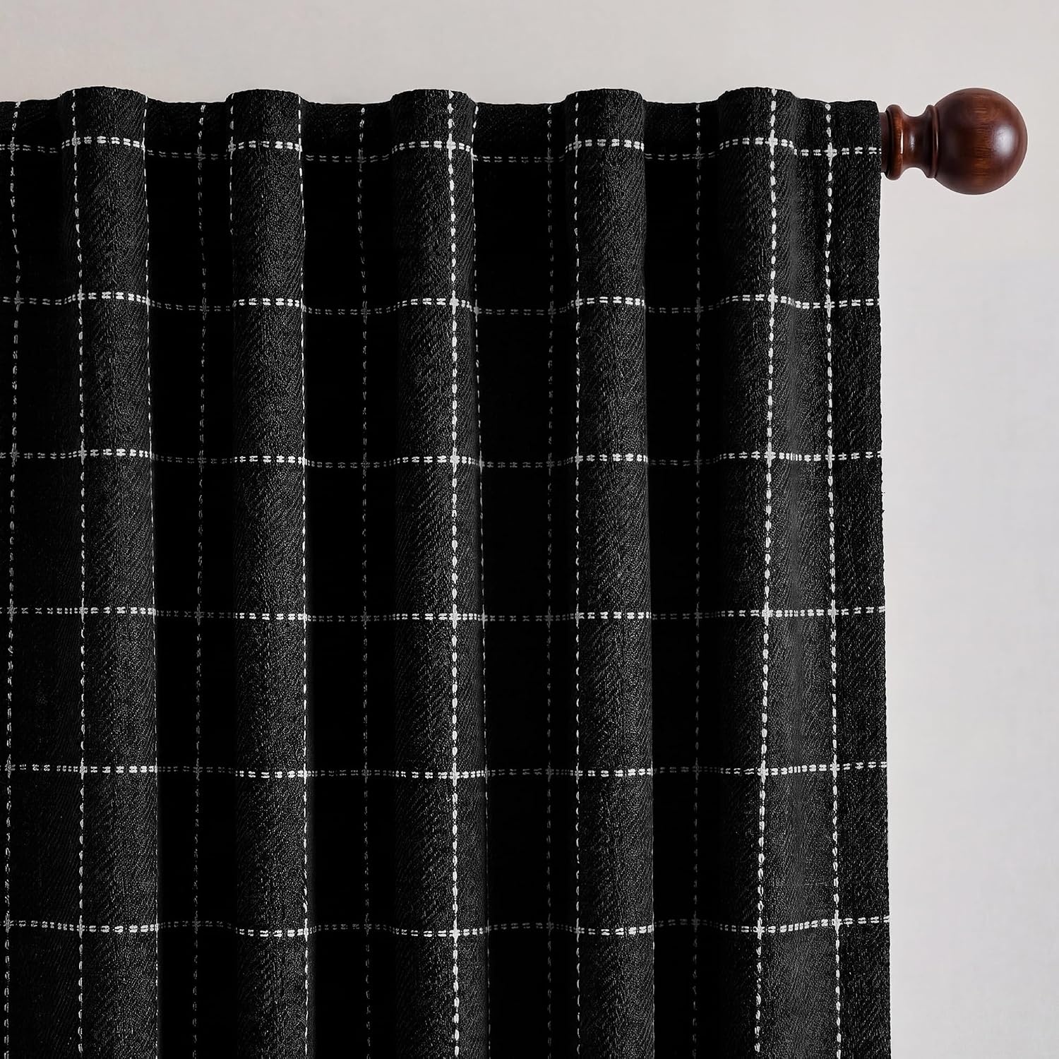 image:imageNICETOWN Olive Green Linen Plaid Bedroom Curtains Rod Pocket amp Back Tab Geometric Jacquard Thick Wovern Mudcloth Light Filtering Window Treatments for Home Decor W52 x L84 2 PanelsBlack