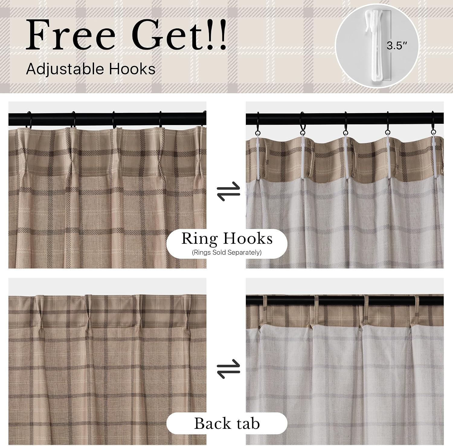image:imageNICETOWN Pinch Pleated Blue Plaid Curtains 2 Panels W40 x L84 in Linen Blend Light Filtering Privacy Draperies with Grid Tartan Pattern Premium Curtains for Living Room Dining Room with HooksTan