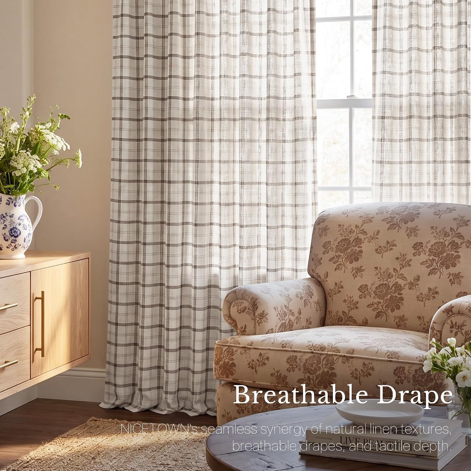image:imageNICETOWN Pinch Pleated Blue Plaid Curtains 2 Panels W40 x L84 in Linen Blend Light Filtering Privacy Draperies with Grid Tartan Pattern Premium Curtains for Living Room Dining Room with HooksOffwhite