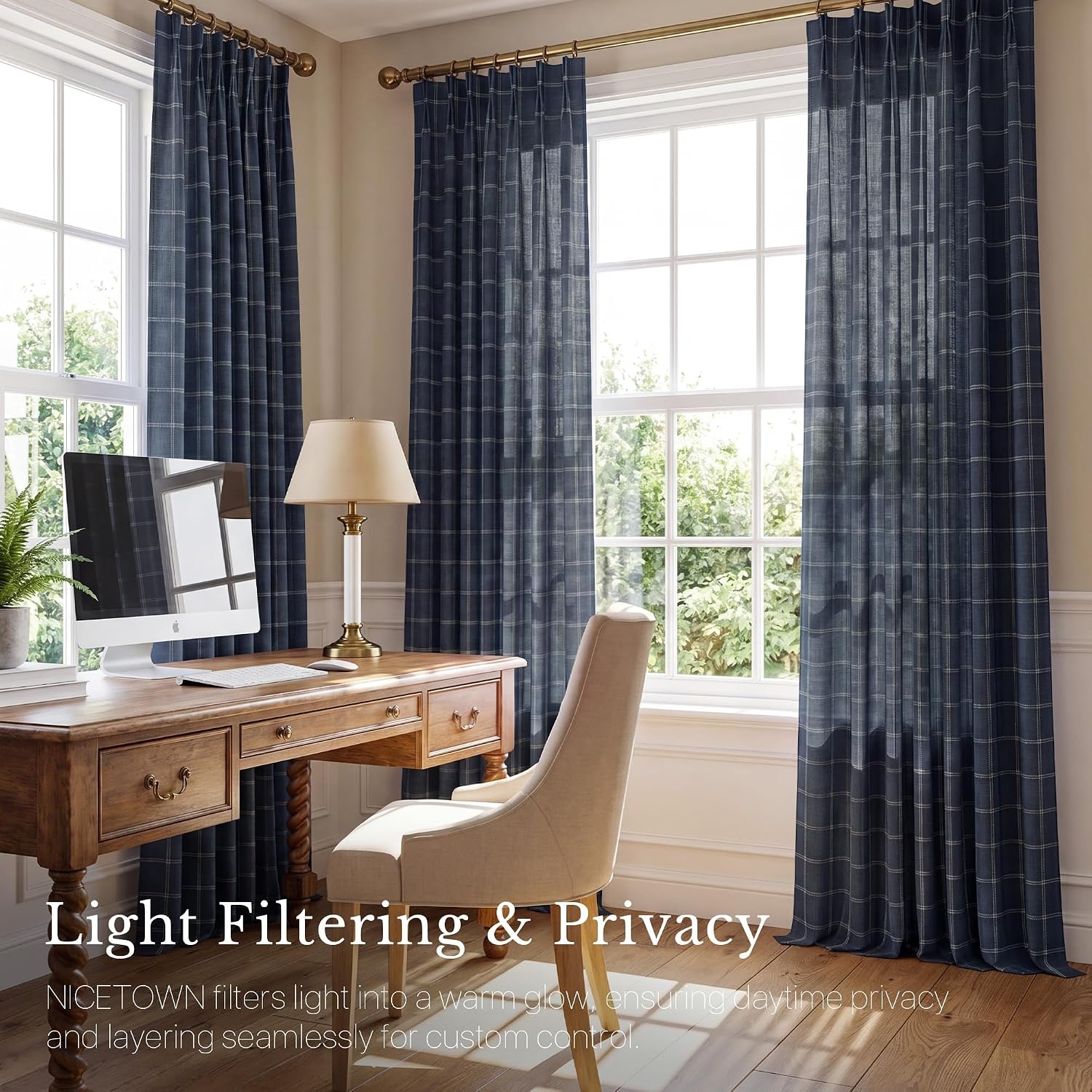 image:imageNICETOWN Pinch Pleated Blue Plaid Curtains 2 Panels W40 x L84 in Linen Blend Light Filtering Privacy Draperies with Grid Tartan Pattern Premium Curtains for Living Room Dining Room with HooksDark Blue