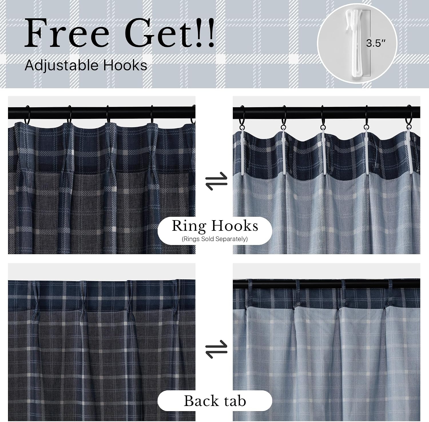 image:imageNICETOWN Pinch Pleated Blue Plaid Curtains 2 Panels W40 x L84 in Linen Blend Light Filtering Privacy Draperies with Grid Tartan Pattern Premium Curtains for Living Room Dining Room with HooksNavy Blue