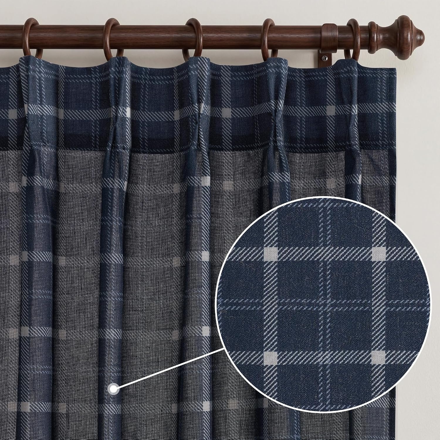 image:imageNICETOWN Pinch Pleated Blue Plaid Curtains 2 Panels W40 x L84 in Linen Blend Light Filtering Privacy Draperies with Grid Tartan Pattern Premium Curtains for Living Room Dining Room with HooksNavy Blue