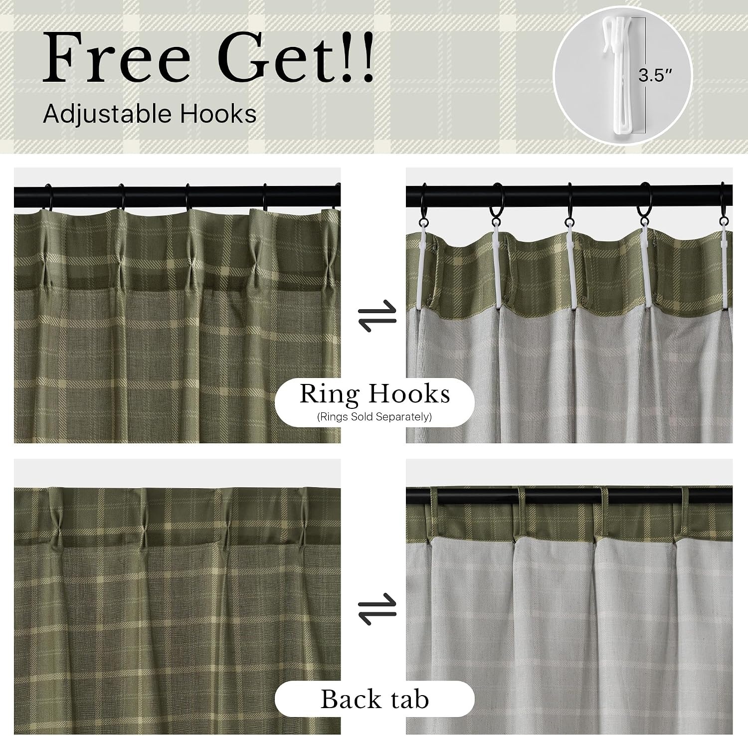 image:imageNICETOWN Pinch Pleated Blue Plaid Curtains 2 Panels W40 x L84 in Linen Blend Light Filtering Privacy Draperies with Grid Tartan Pattern Premium Curtains for Living Room Dining Room with HooksGreen