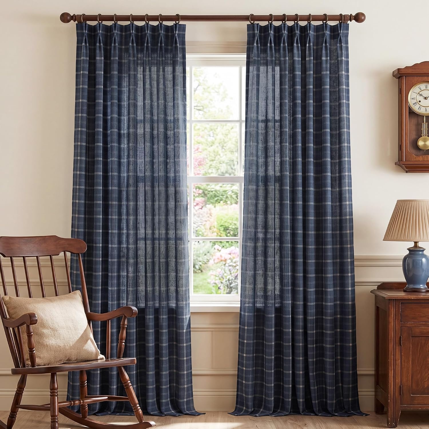 image:imageNICETOWN Pinch Pleated Blue Plaid Curtains 2 Panels W40 x L84 in Linen Blend Light Filtering Privacy Draperies with Grid Tartan Pattern Premium Curtains for Living Room Dining Room with HooksNavy Blue