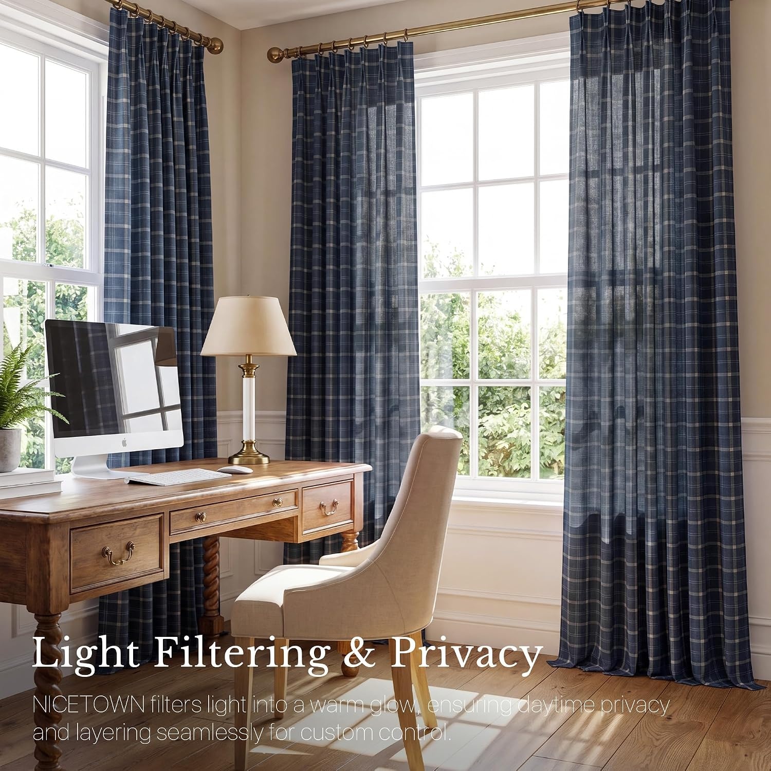 image:imageNICETOWN Pinch Pleated Blue Plaid Curtains 2 Panels W40 x L84 in Linen Blend Light Filtering Privacy Draperies with Grid Tartan Pattern Premium Curtains for Living Room Dining Room with HooksNavy Blue