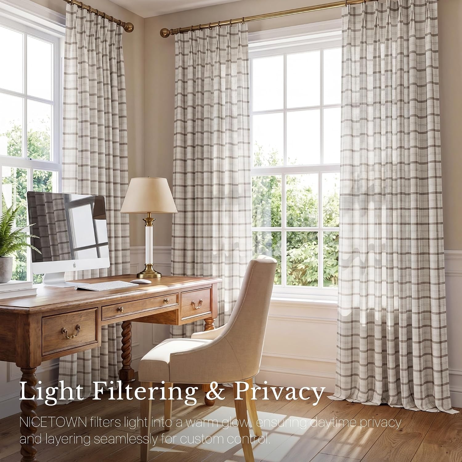image:imageNICETOWN Pinch Pleated Blue Plaid Curtains 2 Panels W40 x L84 in Linen Blend Light Filtering Privacy Draperies with Grid Tartan Pattern Premium Curtains for Living Room Dining Room with HooksOffwhite
