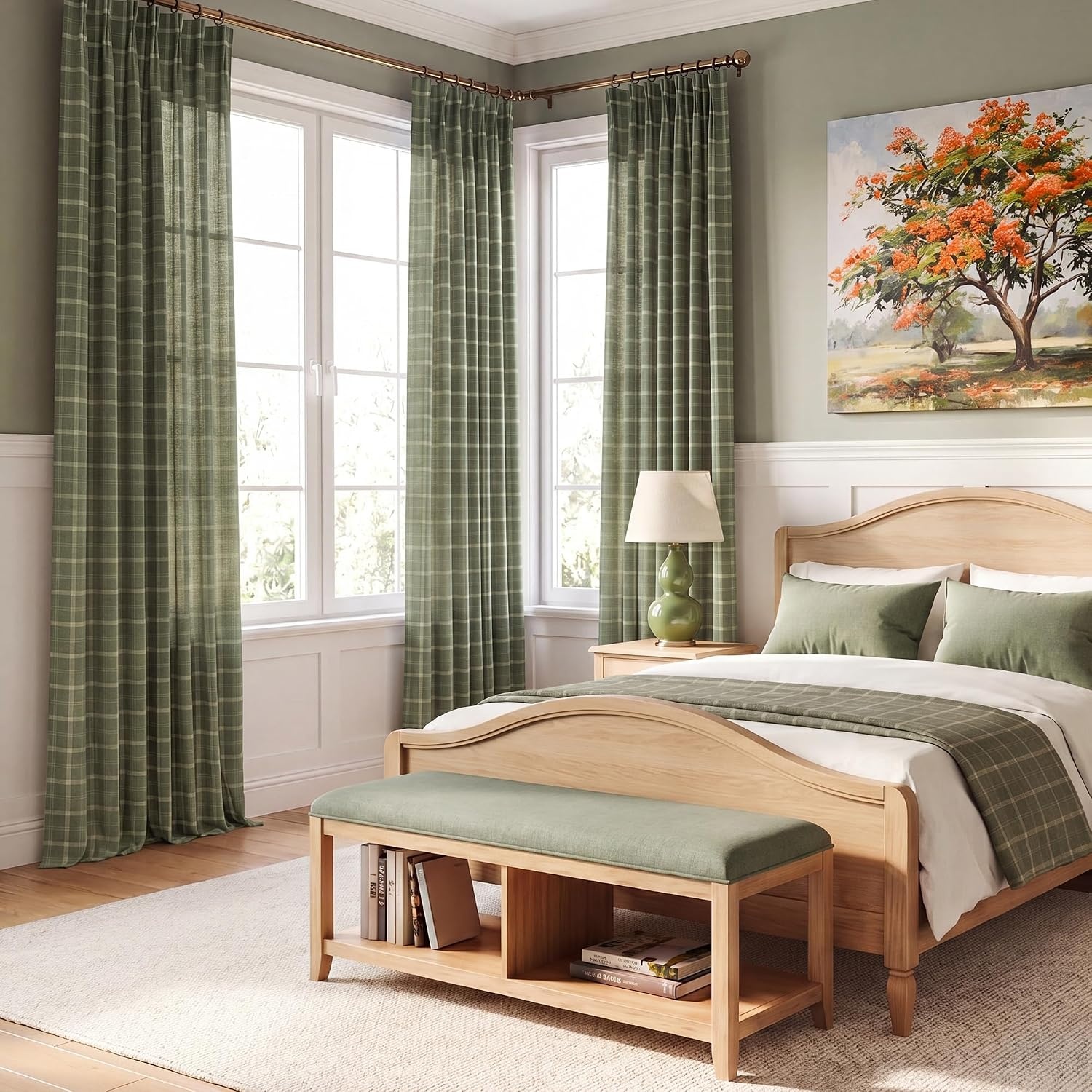 image:imageNICETOWN Pinch Pleated Blue Plaid Curtains 2 Panels W40 x L84 in Linen Blend Light Filtering Privacy Draperies with Grid Tartan Pattern Premium Curtains for Living Room Dining Room with HooksGreen