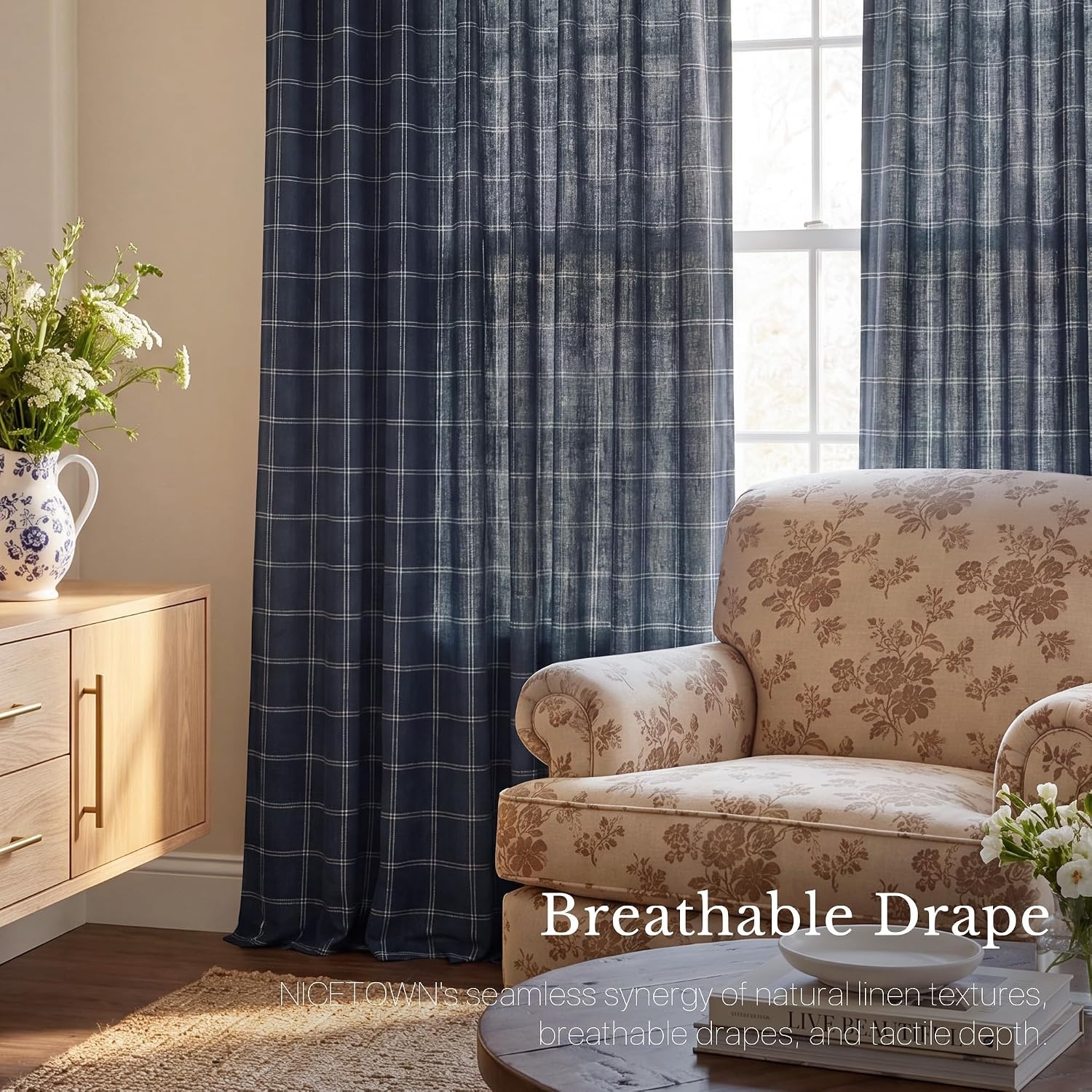 image:imageNICETOWN Pinch Pleated Blue Plaid Curtains 2 Panels W40 x L84 in Linen Blend Light Filtering Privacy Draperies with Grid Tartan Pattern Premium Curtains for Living Room Dining Room with HooksDark Blue