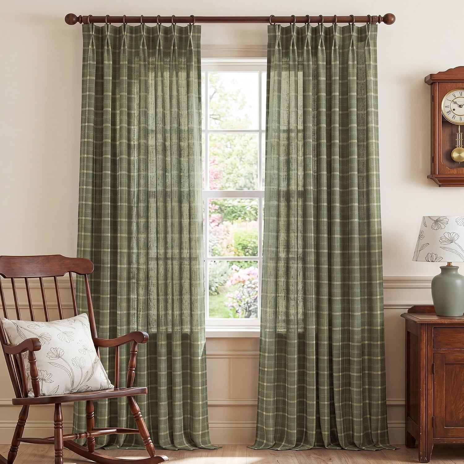 image:imageNICETOWN Pinch Pleated Blue Plaid Curtains 2 Panels W40 x L84 in Linen Blend Light Filtering Privacy Draperies with Grid Tartan Pattern Premium Curtains for Living Room Dining Room with HooksGreen