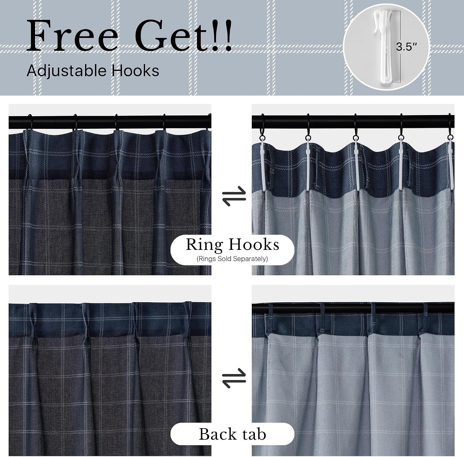 image:imageNICETOWN Pinch Pleated Blue Plaid Curtains 2 Panels W40 x L84 in Linen Blend Light Filtering Privacy Draperies with Grid Tartan Pattern Premium Curtains for Living Room Dining Room with HooksDark Blue