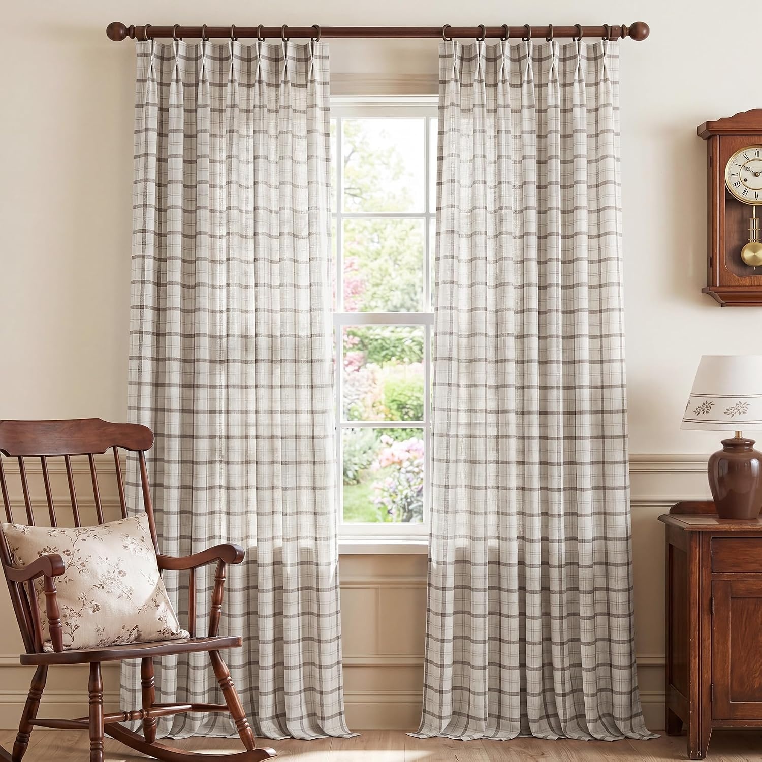 image:imageNICETOWN Pinch Pleated Blue Plaid Curtains 2 Panels W40 x L84 in Linen Blend Light Filtering Privacy Draperies with Grid Tartan Pattern Premium Curtains for Living Room Dining Room with HooksOffwhite