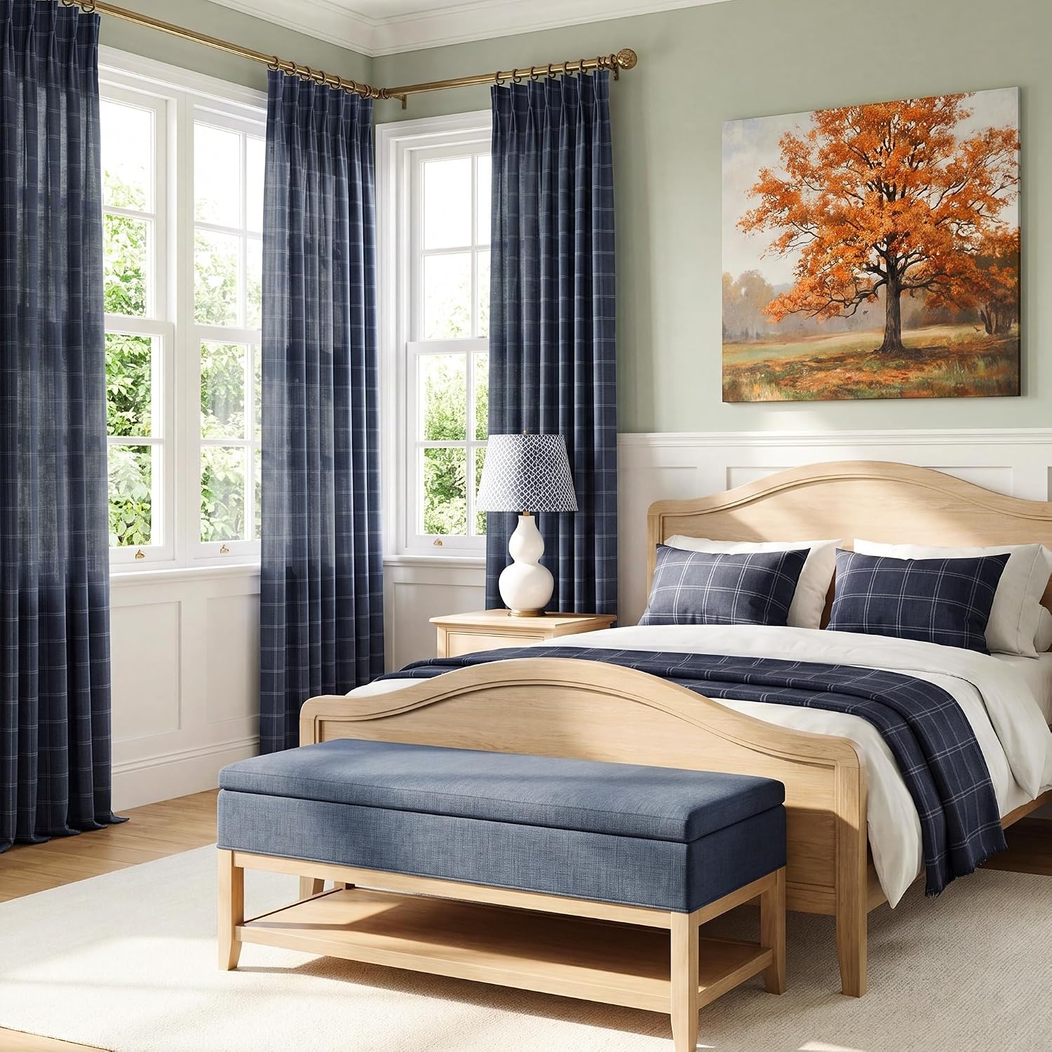 image:imageNICETOWN Pinch Pleated Blue Plaid Curtains 2 Panels W40 x L84 in Linen Blend Light Filtering Privacy Draperies with Grid Tartan Pattern Premium Curtains for Living Room Dining Room with HooksDark Blue