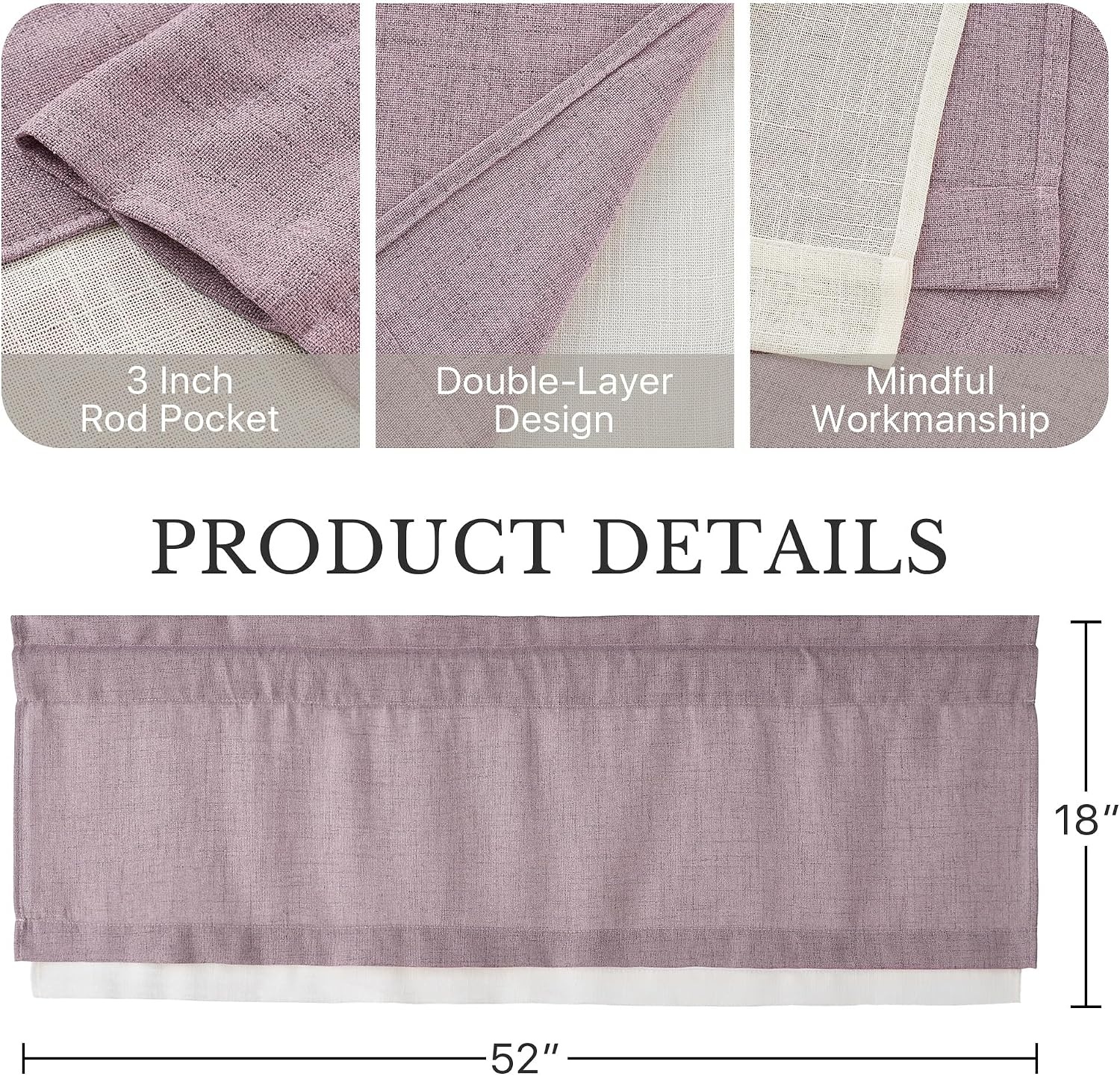 image:imageNICETOWN Sage Green 2 Layers Linen Valance 52 W x 18 L 1 PanelDusty Mauve