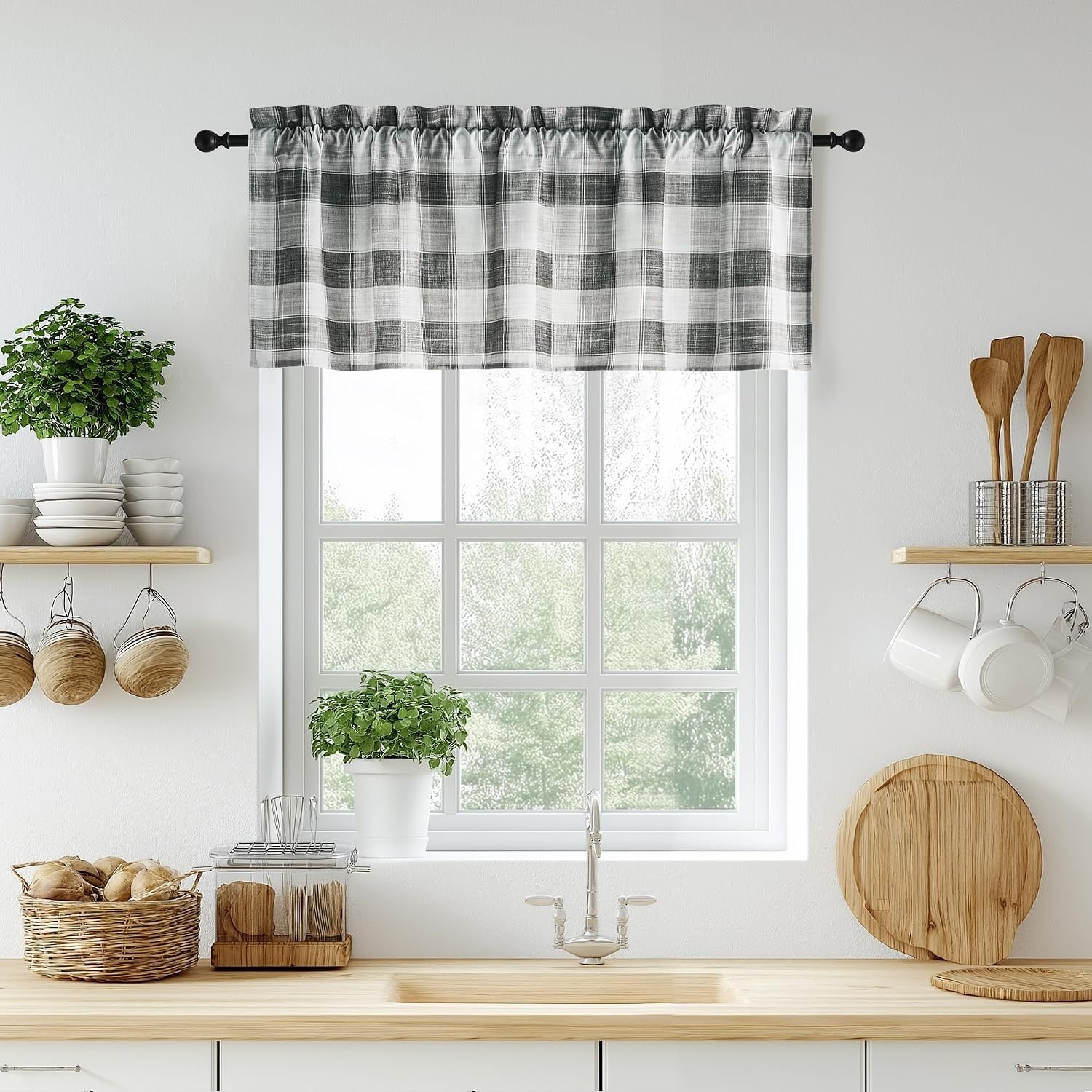 image:imageNICETOWN Sheer Sage Linen Striped Print Kitchen Curtains 3024 2 PanelsBlack White