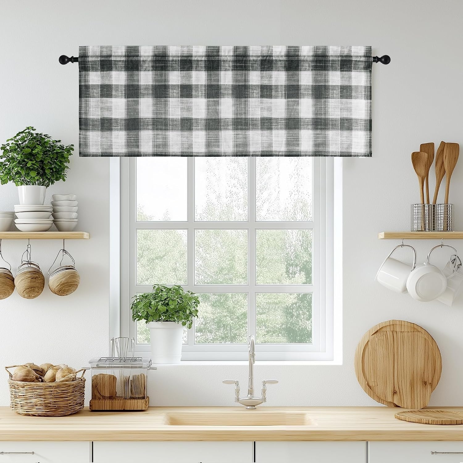 image:imageNICETOWN Sheer Sage Linen Striped Print Kitchen Curtains 3024 2 PanelsBlack White