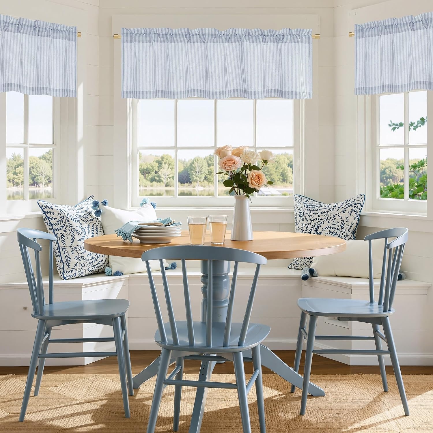 image:imageNICETOWN Sheer Sage Linen Striped Print Kitchen Curtains 3024 2 PanelsBlue