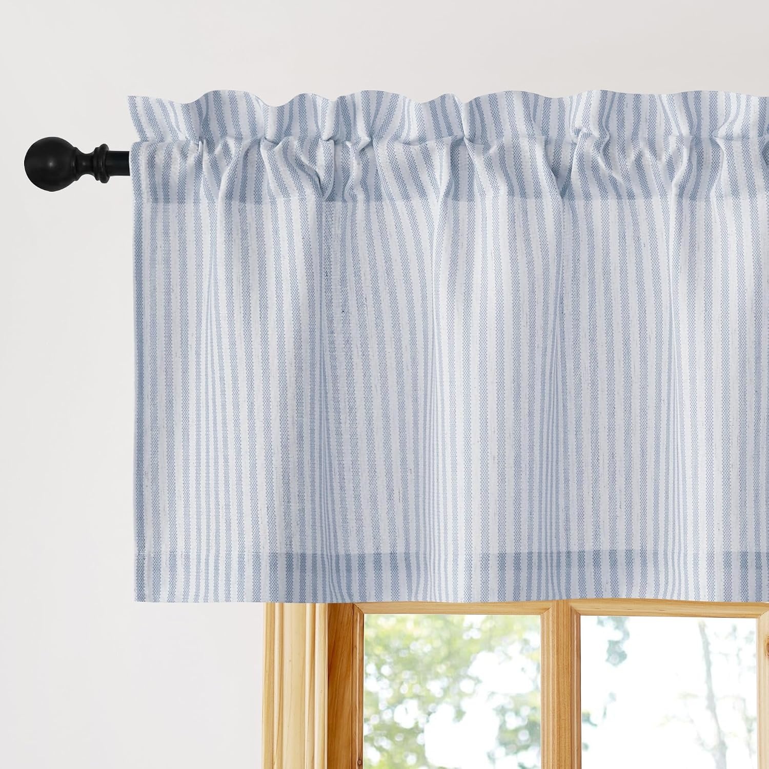 image:imageNICETOWN Sheer Sage Linen Striped Print Kitchen Curtains 3024 2 PanelsBlue
