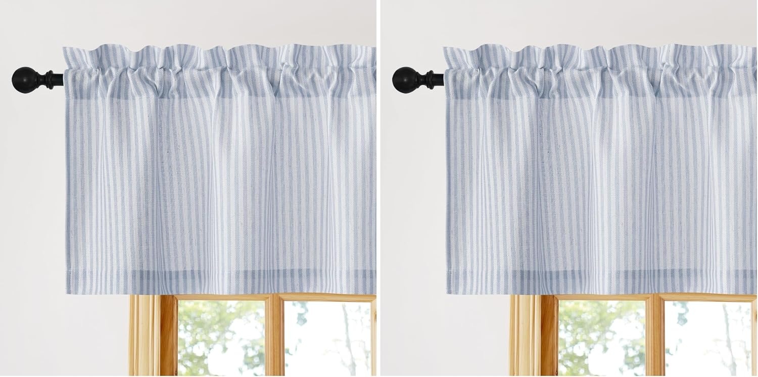 image:imageNICETOWN Sheer Sage Linen Striped Print Kitchen Curtains 3024 2 PanelsBlue