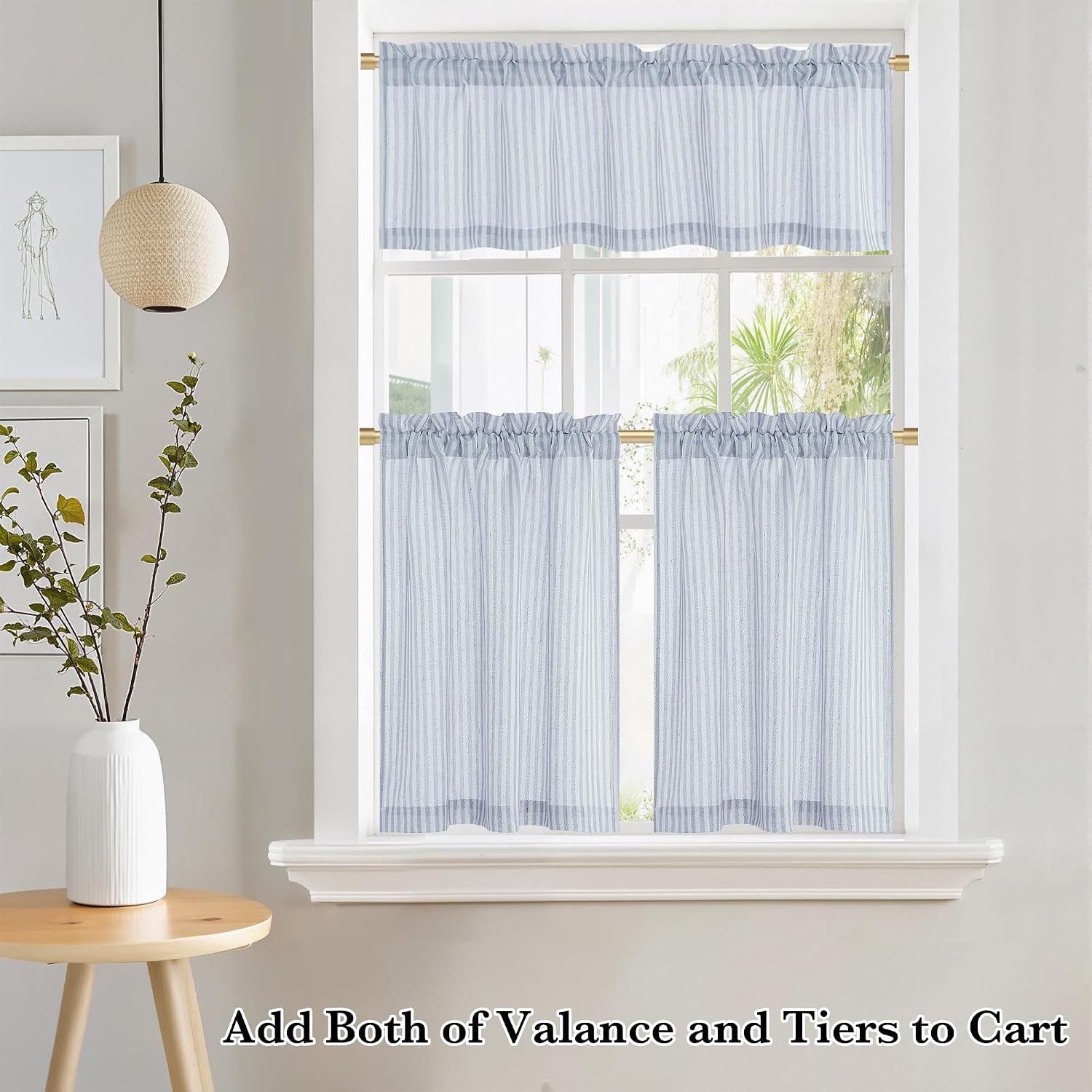 image:imageNICETOWN Sheer Sage Linen Striped Print Kitchen Curtains 3024 2 PanelsBlue