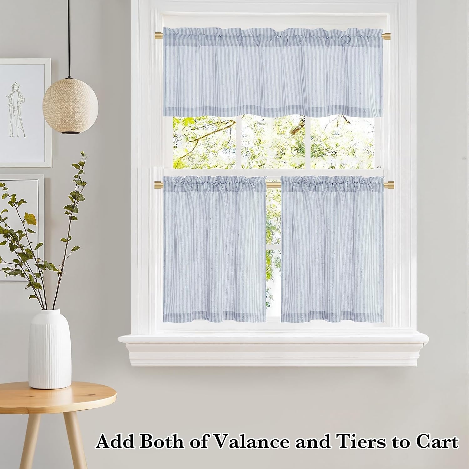 image:imageNICETOWN Sheer Sage Linen Striped Print Kitchen Curtains 3024 2 PanelsBlue