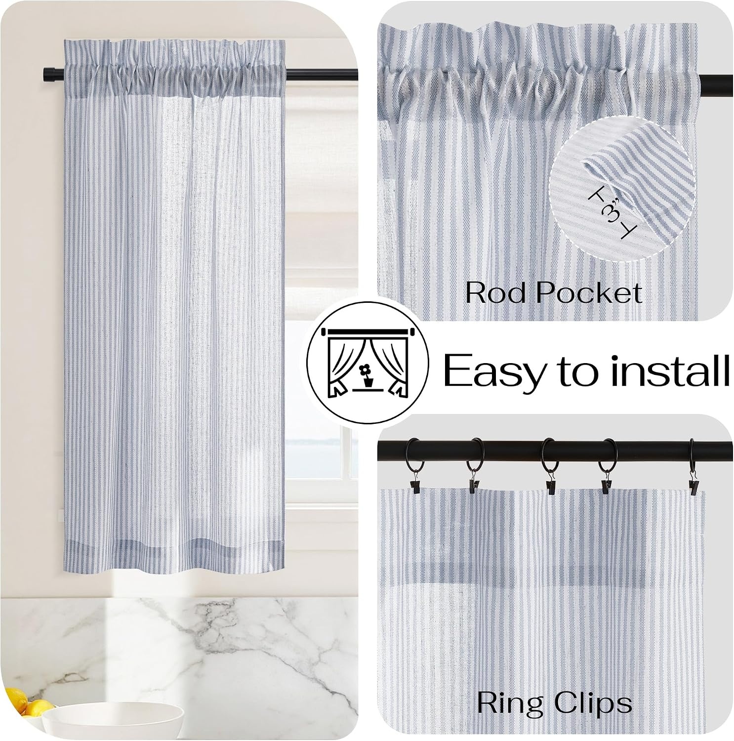 image:imageNICETOWN Sheer Sage Linen Striped Print Kitchen Curtains 3024 2 PanelsBlue