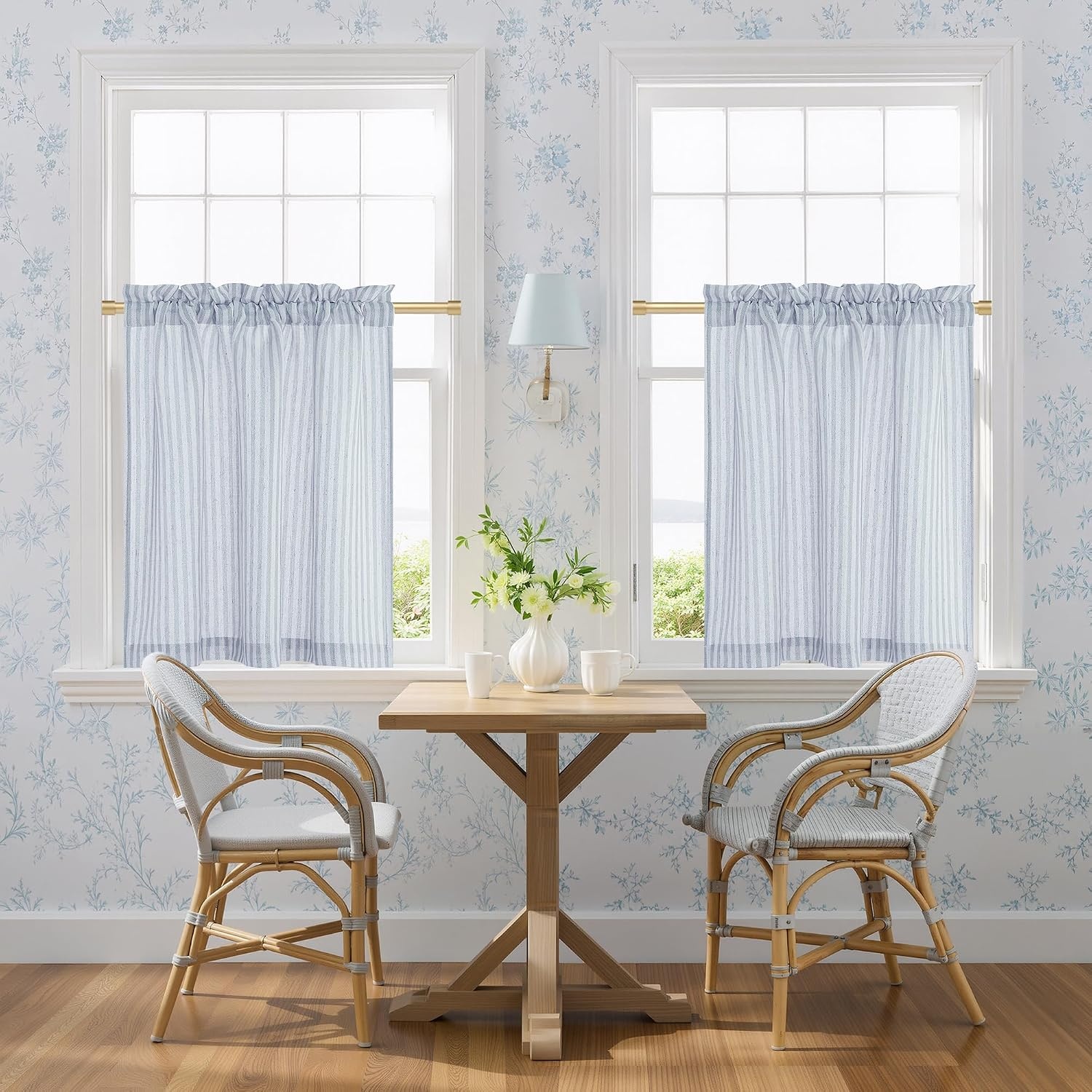 image:imageNICETOWN Sheer Sage Linen Striped Print Kitchen Curtains 3024 2 PanelsBlue