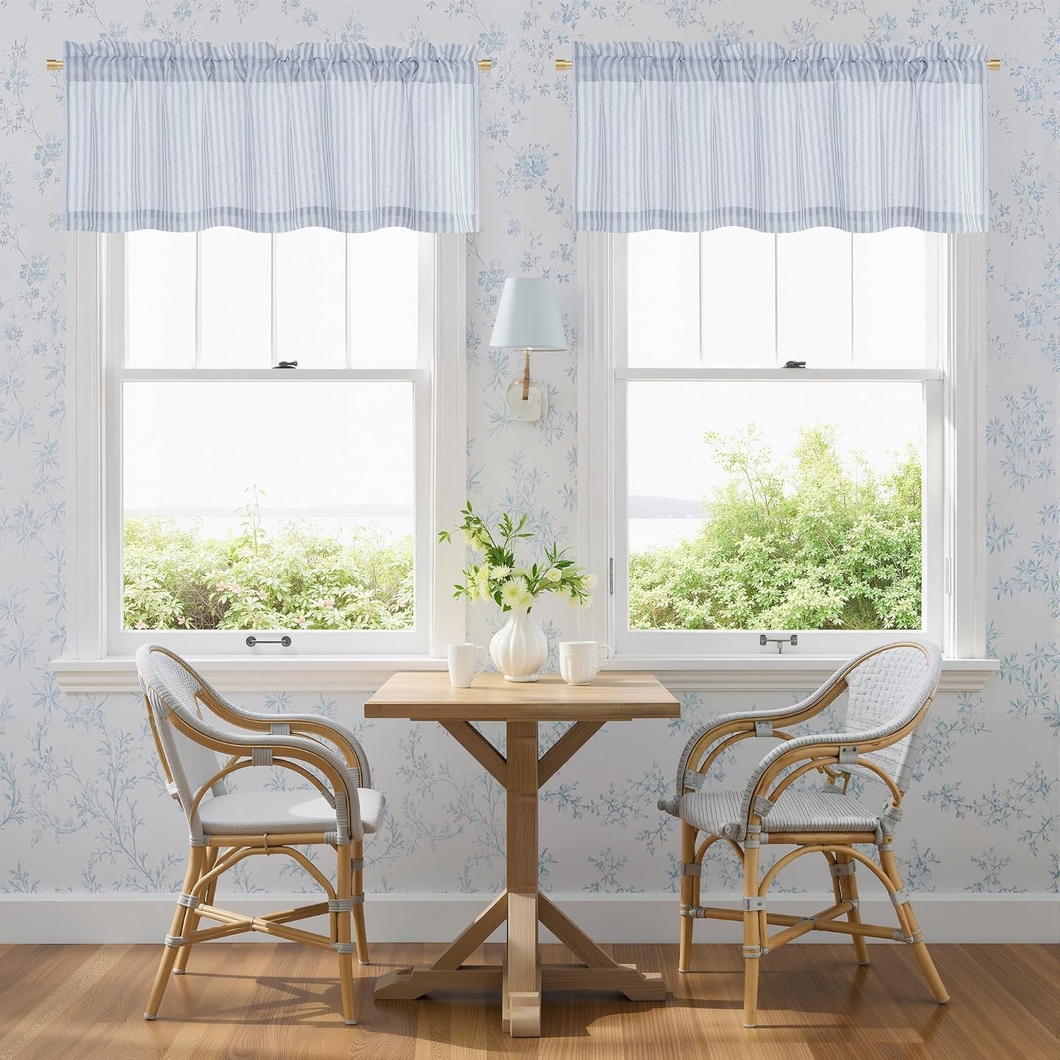 image:imageNICETOWN Sheer Sage Linen Striped Print Kitchen Curtains 3024 2 PanelsBlue