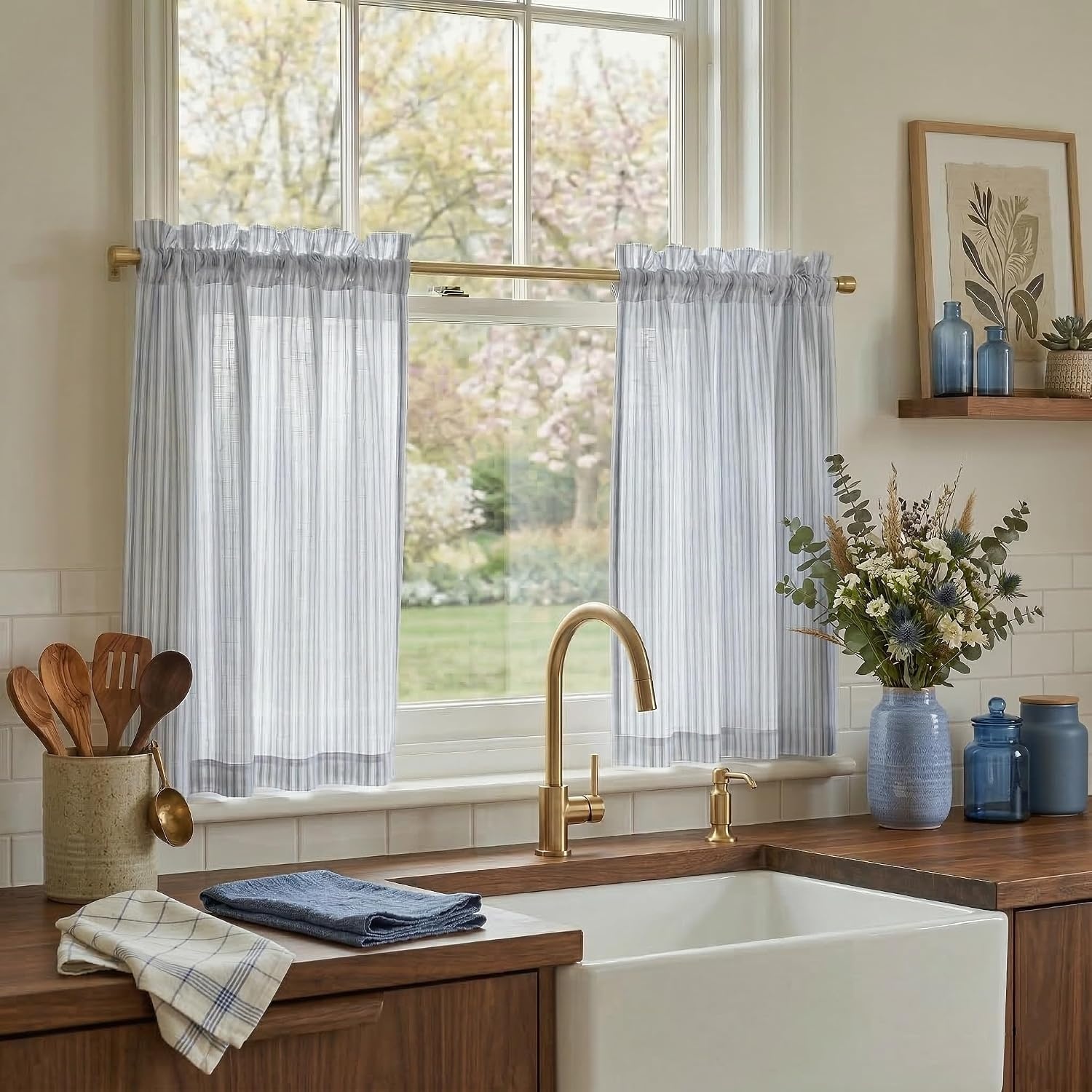 image:imageNICETOWN Sheer Sage Linen Striped Print Kitchen Curtains 3024 2 PanelsBlue