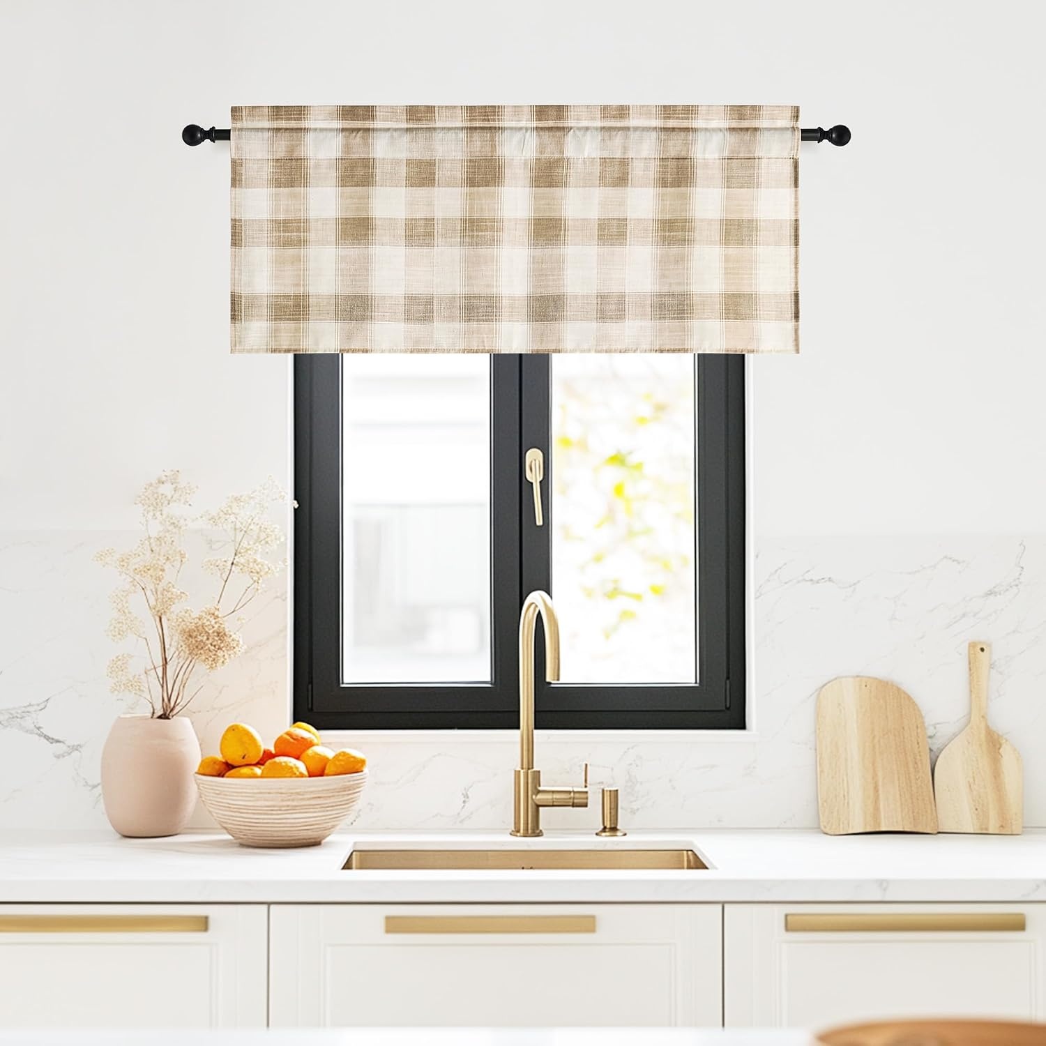image:imageNICETOWN Sheer Sage Linen Striped Print Kitchen Curtains 3024 2 PanelsCoffe White
