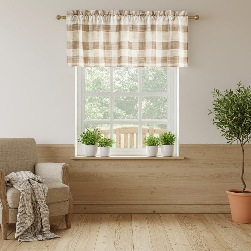 image:imageNICETOWN Sheer Sage Linen Striped Print Kitchen Curtains 3024 2 PanelsCoffe White