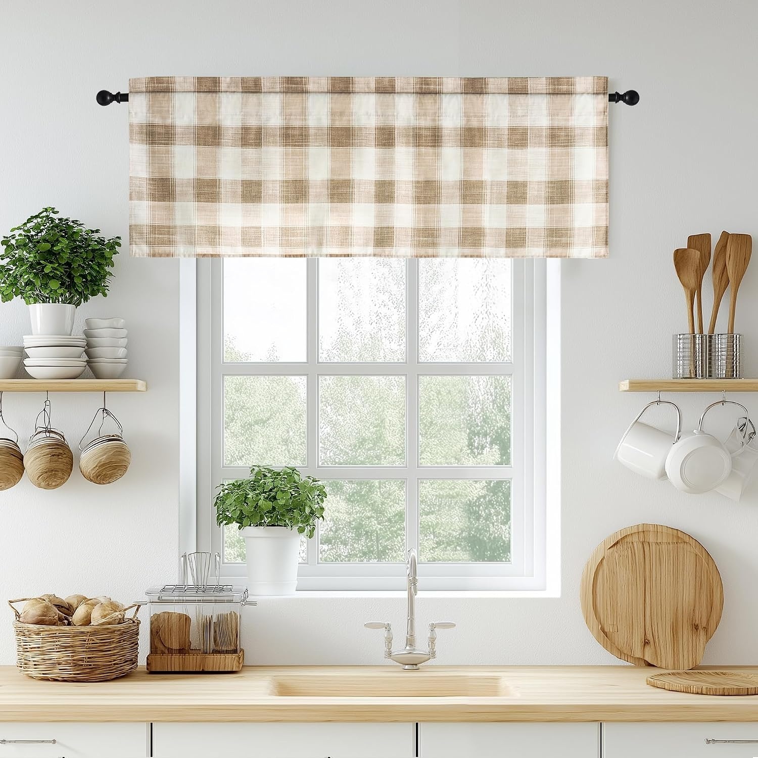 image:imageNICETOWN Sheer Sage Linen Striped Print Kitchen Curtains 3024 2 PanelsCoffe White